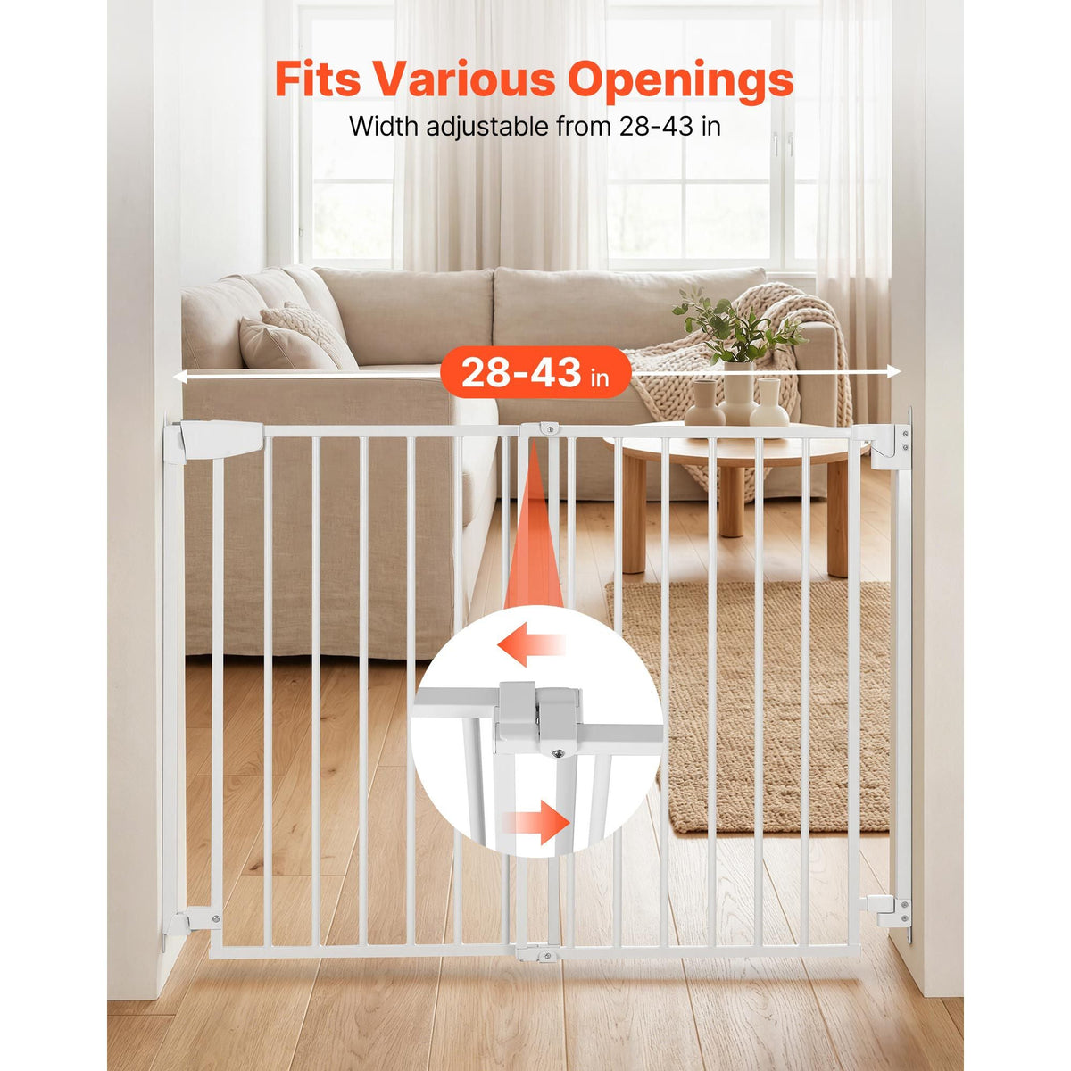 Baby Gate for Stairs, 28-43 in Adjustable Width, 30 in High Dog Gate, No Bottom Bar, One-Handed Operation, Easy Drilling Installation with Hardware Kit, for Stairs, Doorways, and House, White