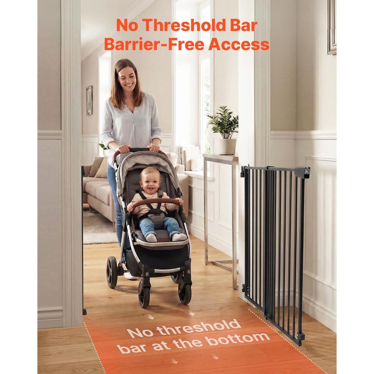 Baby Gate for Stairs, 28-43 in Adjustable Width, 36 in High Dog Gate, No Bottom Bar, One-Handed Operation, Easy Drilling Installation with Hardware Kit, for Stairs, Doorways, and House, Black