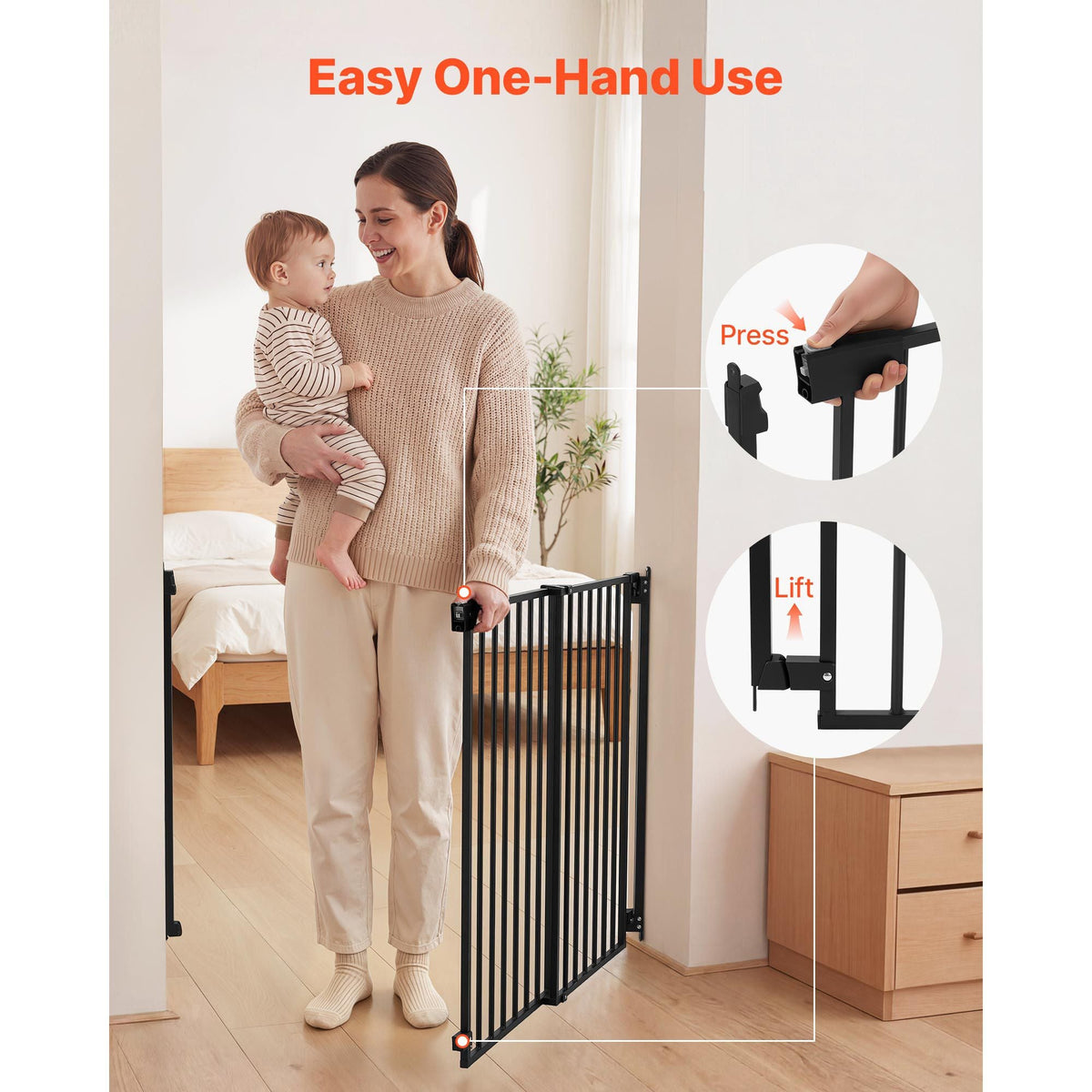 Baby Gate for Stairs, 28-43 in Adjustable Width, 36 in High Dog Gate, No Bottom Bar, One-Handed Operation, Easy Drilling Installation with Hardware Kit, for Stairs, Doorways, and House, Black