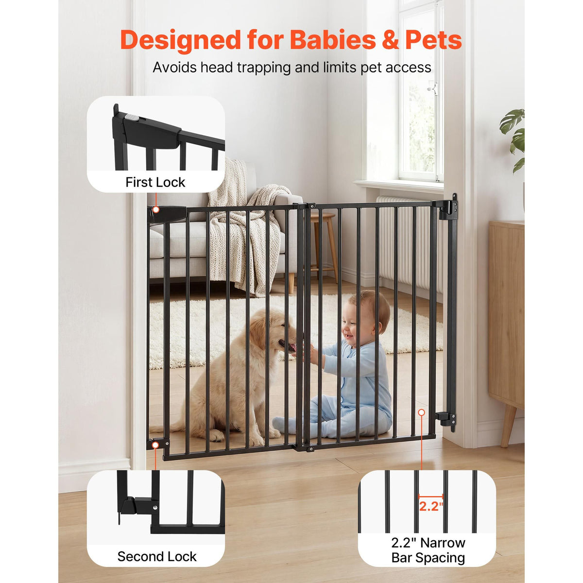 Baby Gate for Stairs, 28-43 in Adjustable Width, 36 in High Dog Gate, No Bottom Bar, One-Handed Operation, Easy Drilling Installation with Hardware Kit, for Stairs, Doorways, and House, Black