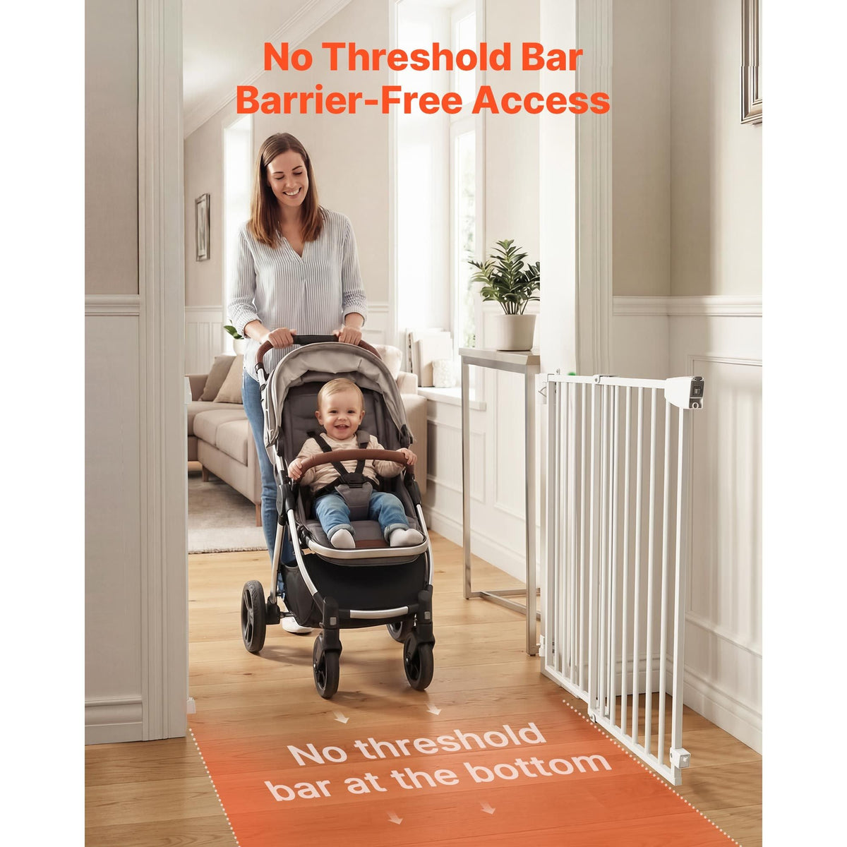 Baby Gate for Stairs, 29-43 in Adjustable Width, 36 in High Dog Gate, No Bottom Bar, One-Handed Operation, Easy Drilling Installation with Hardware Kit, for Stairs, Doorways, and House, White