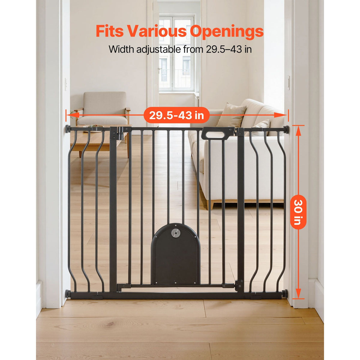 Baby Gate for Stairs, 29.5-43 in Adjustable Width, Baby Gate with Adjustable Cat Door, with Pressure Mount Kit and Wall Mount Kit, Secure Metal Pet Door for Stairs, Doorways, and House, Black