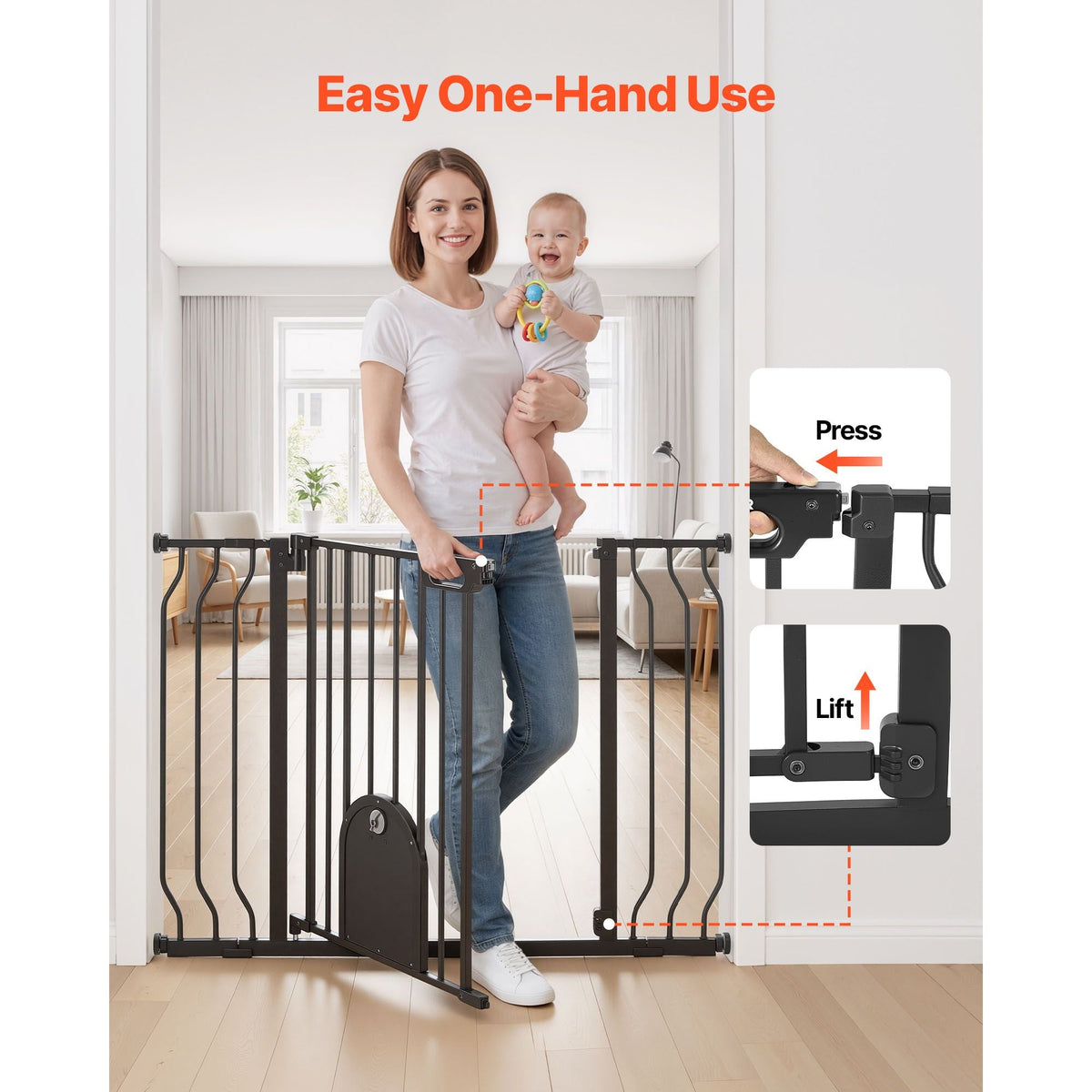 Baby Gate for Stairs, 29.5-43 in Adjustable Width, Baby Gate with Adjustable Cat Door, with Pressure Mount Kit and Wall Mount Kit, Secure Metal Pet Door for Stairs, Doorways, and House, Black