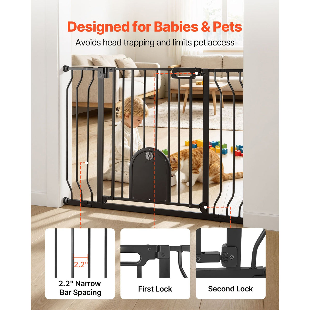 Baby Gate for Stairs, 29.5-43 in Adjustable Width, Baby Gate with Adjustable Cat Door, with Pressure Mount Kit and Wall Mount Kit, Secure Metal Pet Door for Stairs, Doorways, and House, Black