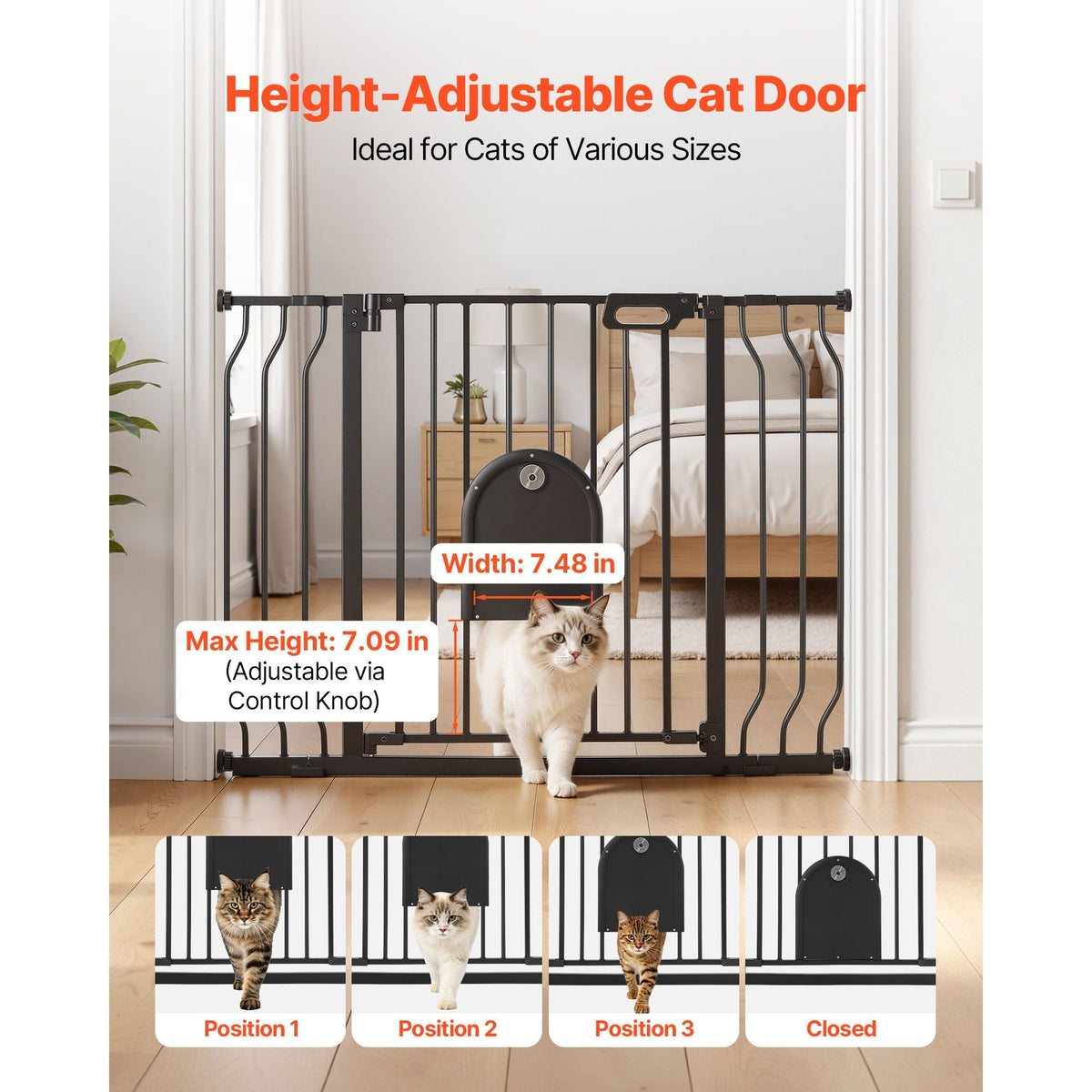 Baby Gate for Stairs, 29.5-43 in Adjustable Width, Baby Gate with Adjustable Cat Door, with Pressure Mount Kit and Wall Mount Kit, Secure Metal Pet Door for Stairs, Doorways, and House, Black