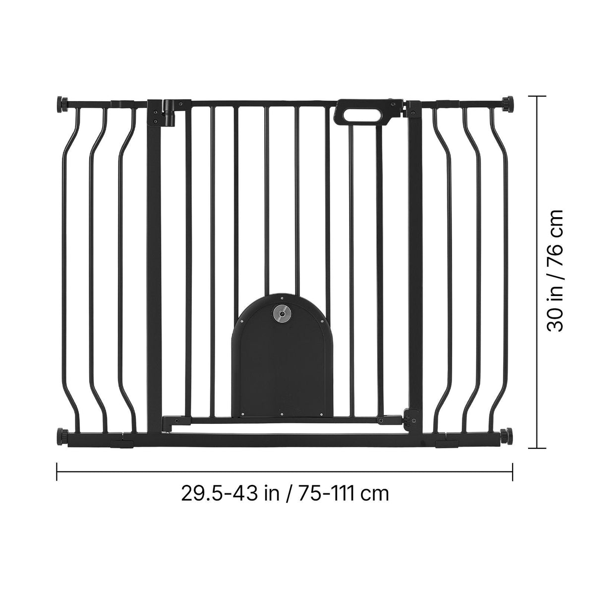 Baby Gate for Stairs, 29.5-43 in Adjustable Width, Baby Gate with Adjustable Cat Door, with Pressure Mount Kit and Wall Mount Kit, Secure Metal Pet Door for Stairs, Doorways, and House, Black
