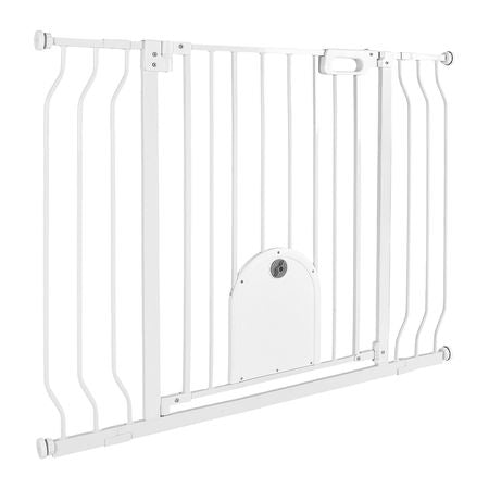 Baby Gate for Stairs, 29.5-43 in Adjustable Width, Baby Gate with Adjustable Cat Door, with Pressure Mount Kit and Wall Mount Kit, Secure Metal Pet Door for Stairs, Doorways, and House, White