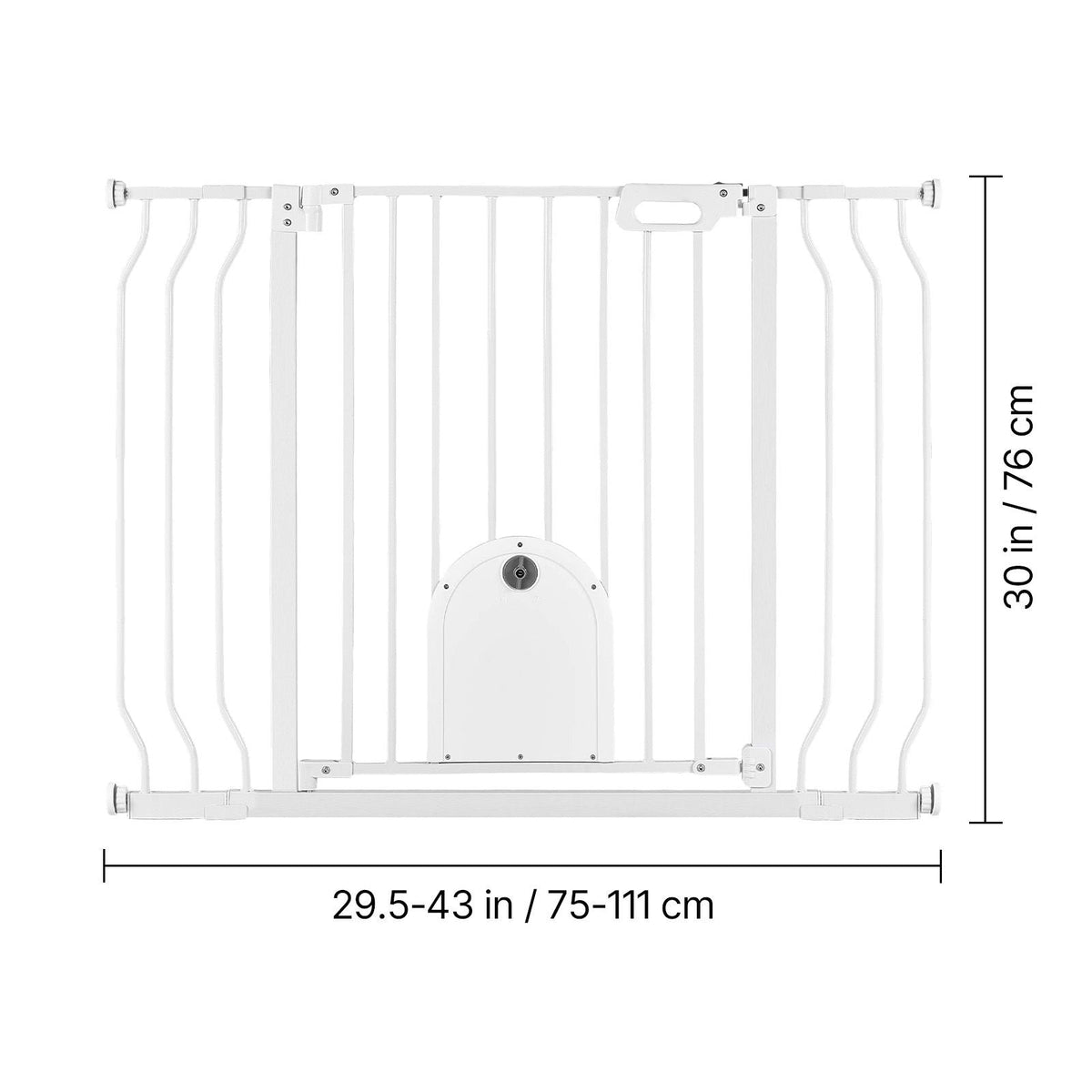 Baby Gate for Stairs, 29.5-43 in Adjustable Width, Baby Gate with Adjustable Cat Door, with Pressure Mount Kit and Wall Mount Kit, Secure Metal Pet Door for Stairs, Doorways, and House, White