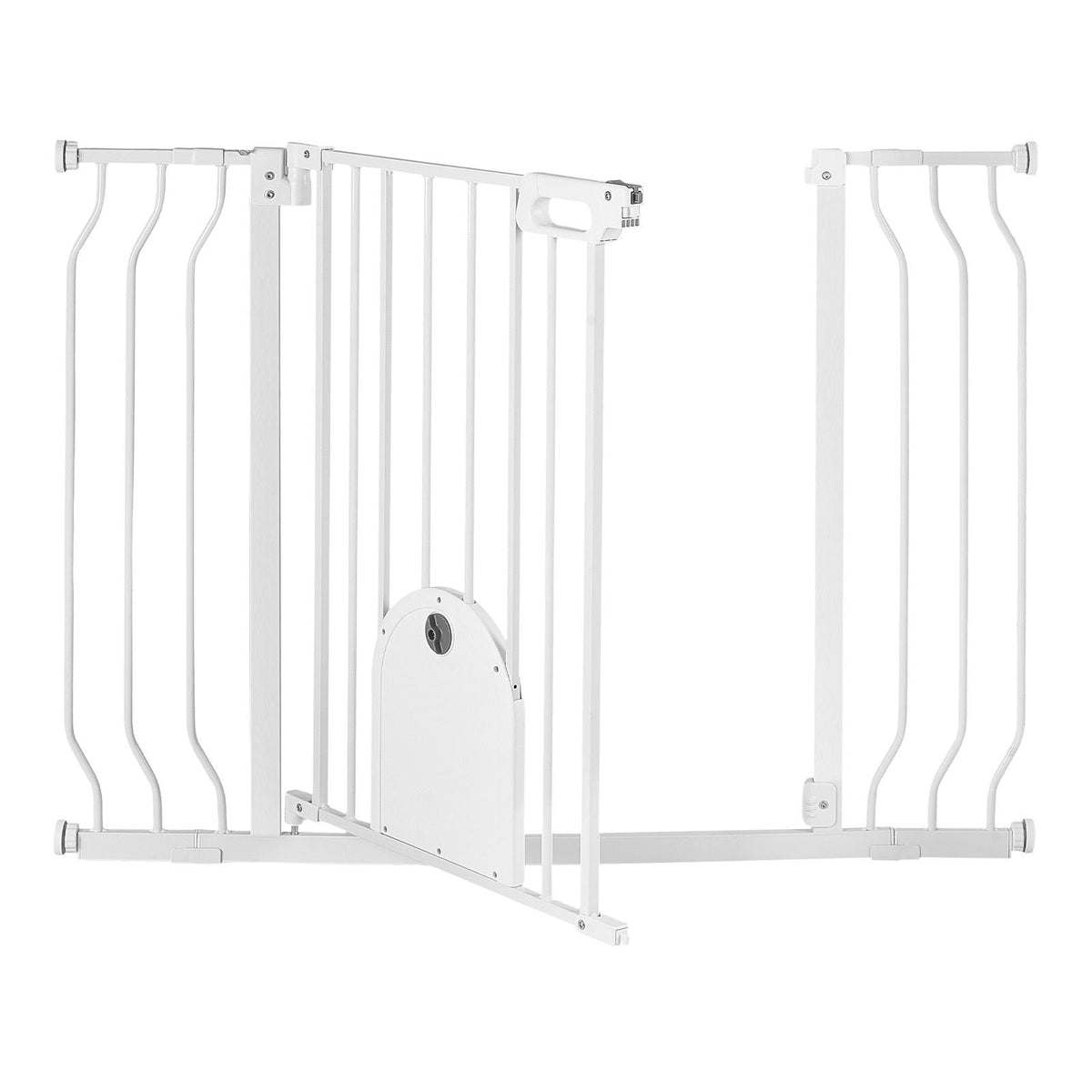 Baby Gate for Stairs, 29.5-43 in Adjustable Width, Baby Gate with Adjustable Cat Door, with Pressure Mount Kit and Wall Mount Kit, Secure Metal Pet Door for Stairs, Doorways, and House, White