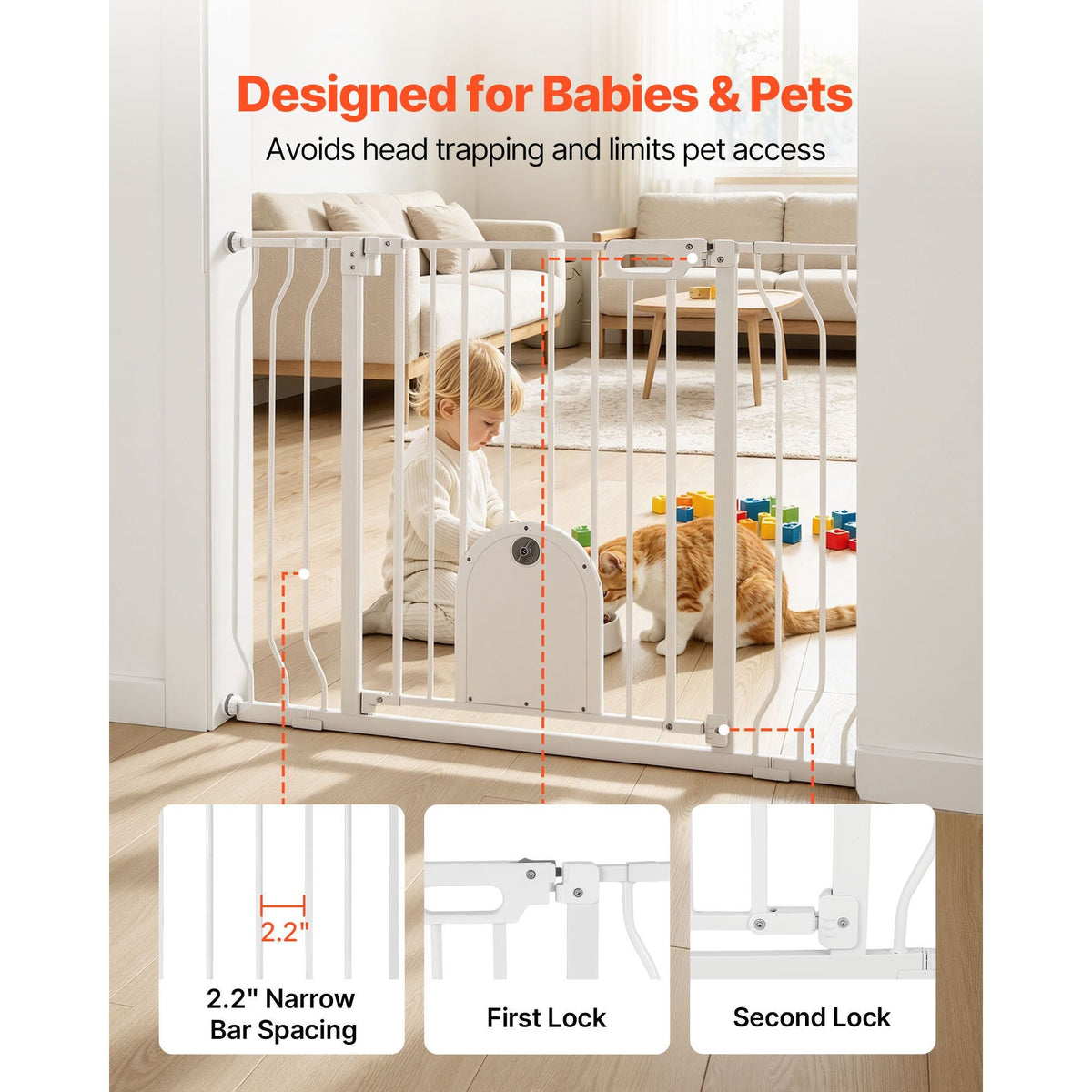 Baby Gate for Stairs, 29.5-43 in Adjustable Width, Baby Gate with Adjustable Cat Door, with Pressure Mount Kit and Wall Mount Kit, Secure Metal Pet Door for Stairs, Doorways, and House, White