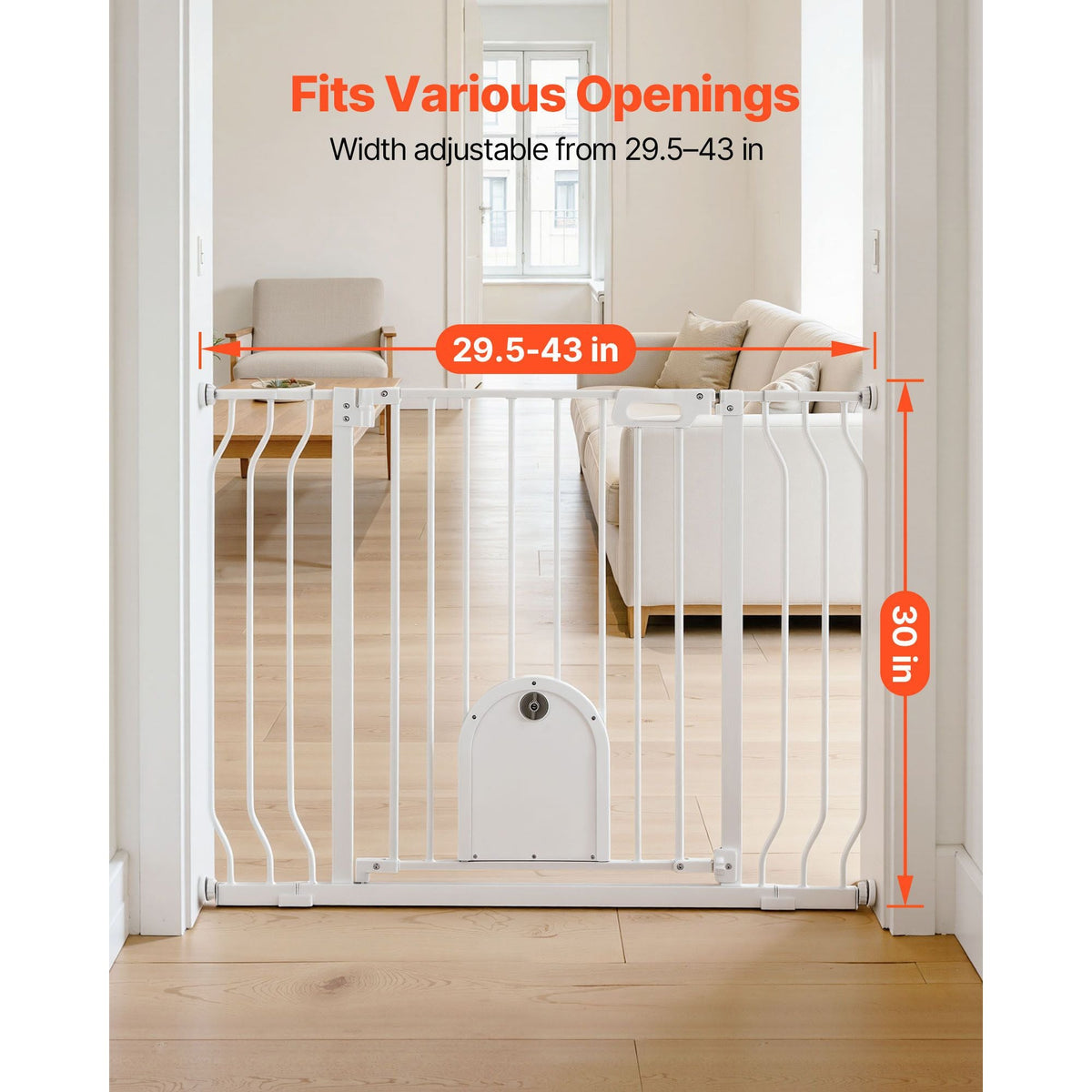 Baby Gate for Stairs, 29.5-43 in Adjustable Width, Baby Gate with Adjustable Cat Door, with Pressure Mount Kit and Wall Mount Kit, Secure Metal Pet Door for Stairs, Doorways, and House, White