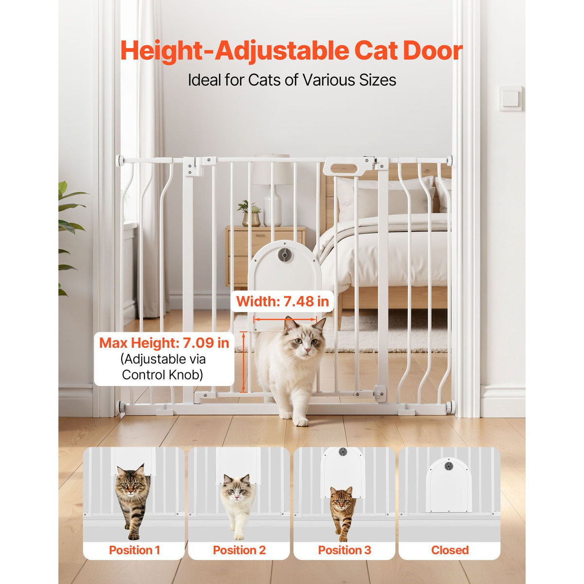 Baby Gate for Stairs, 29.5-43 in Adjustable Width, Baby Gate with Adjustable Cat Door, with Pressure Mount Kit and Wall Mount Kit, Secure Metal Pet Door for Stairs, Doorways, and House, White