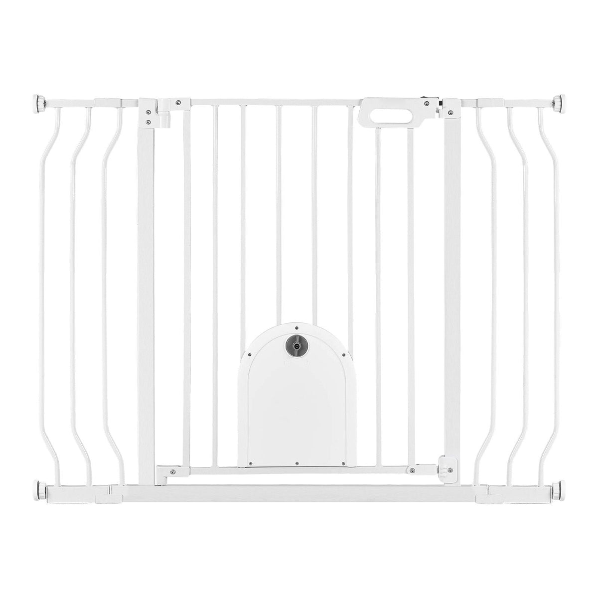 Baby Gate for Stairs, 29.5-43 in Adjustable Width, Baby Gate with Adjustable Cat Door, with Pressure Mount Kit and Wall Mount Kit, Secure Metal Pet Door for Stairs, Doorways, and House, White