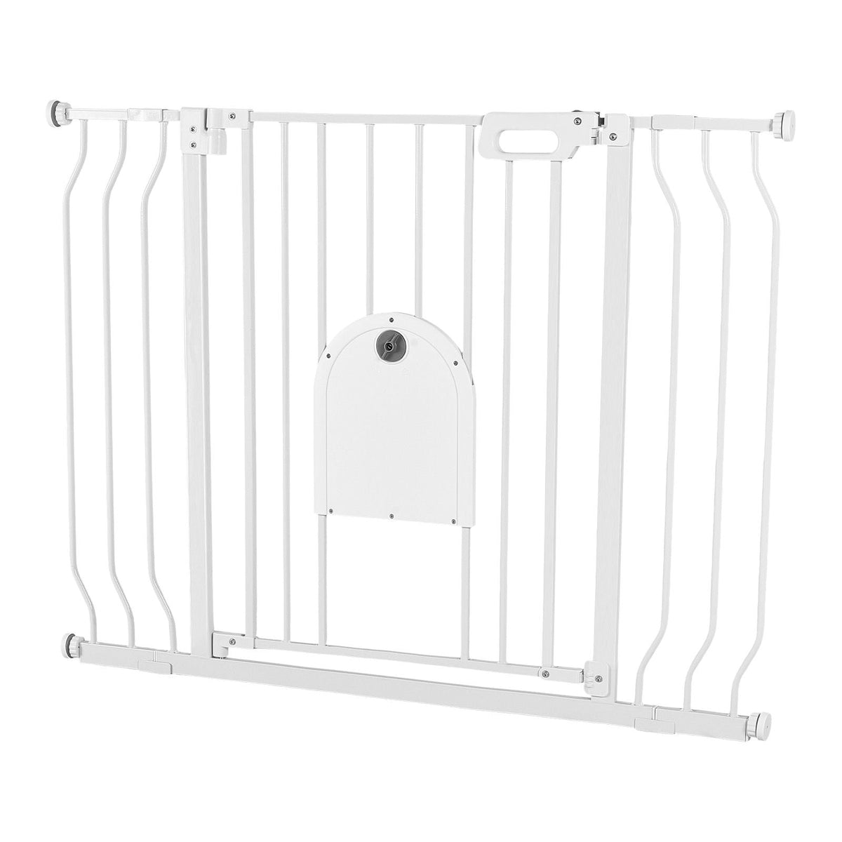 Baby Gate for Stairs, 29.5-43 in Adjustable Width, Baby Gate with Adjustable Cat Door, with Pressure Mount Kit and Wall Mount Kit, Secure Metal Pet Door for Stairs, Doorways, and House, White