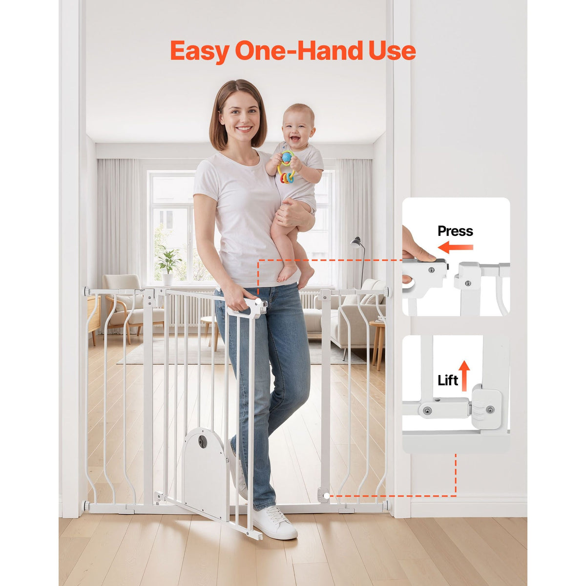 Baby Gate for Stairs, 29.5-43 in Adjustable Width, Baby Gate with Adjustable Cat Door, with Pressure Mount Kit and Wall Mount Kit, Secure Metal Pet Door for Stairs, Doorways, and House, White