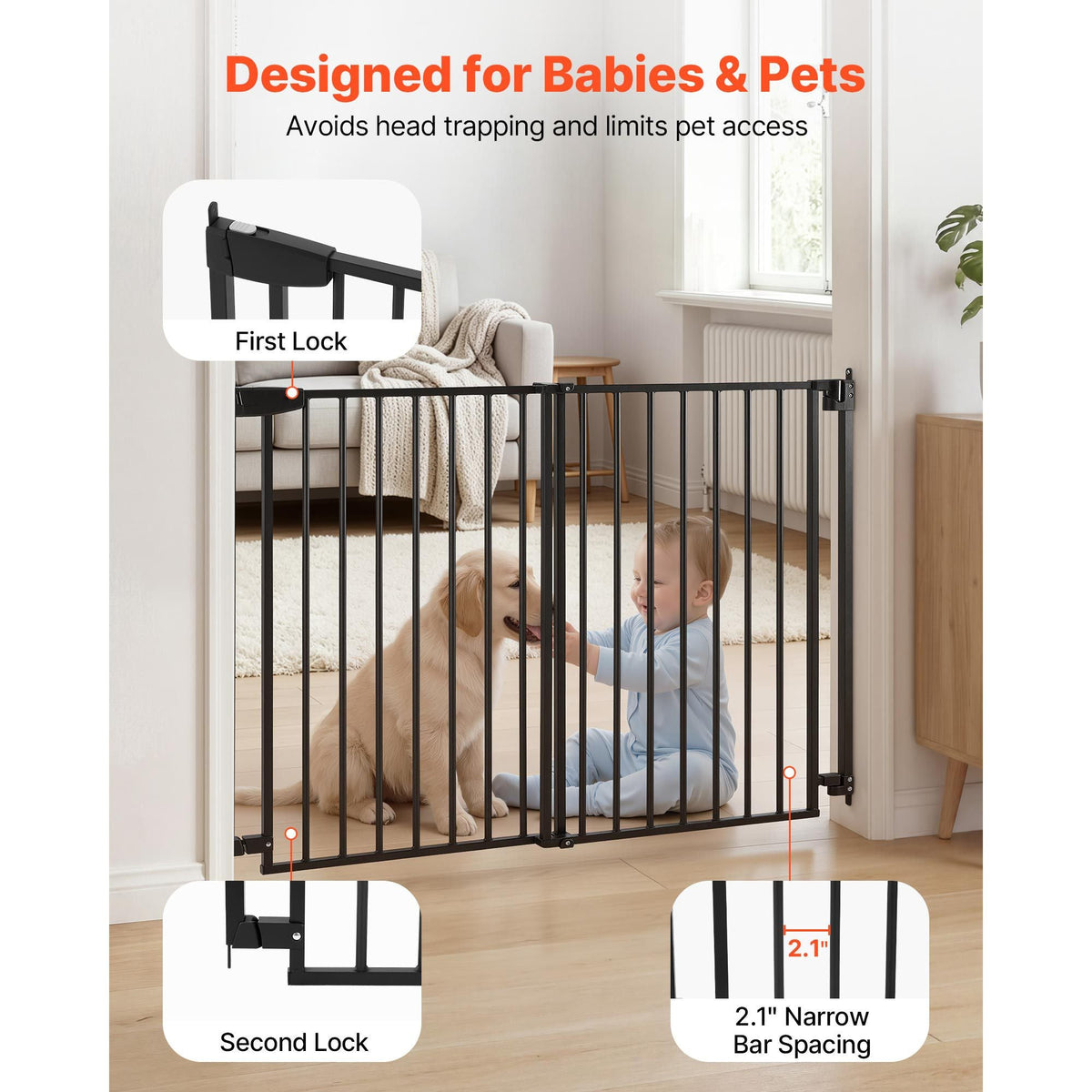 Baby Gate for Stairs, 31-48 in Adjustable Width, 30 in High Dog Gate, No Bottom Bar, One-Handed Operation, Easy Drilling Installation with Hardware Kit, for Stairs, Doorways, and House, Black