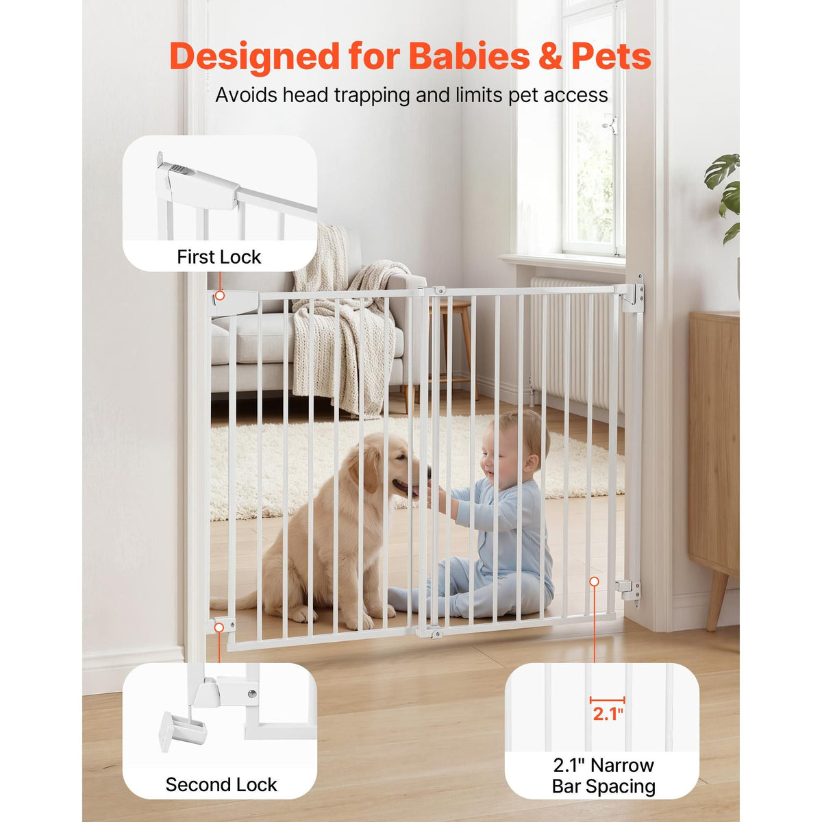 Baby Gate for Stairs, 31-48 in Adjustable Width, 30 in High Dog Gate, No Bottom Bar, One-Handed Operation, Easy Drilling Installation with Hardware Kit, for Stairs, Doorways, and House, White