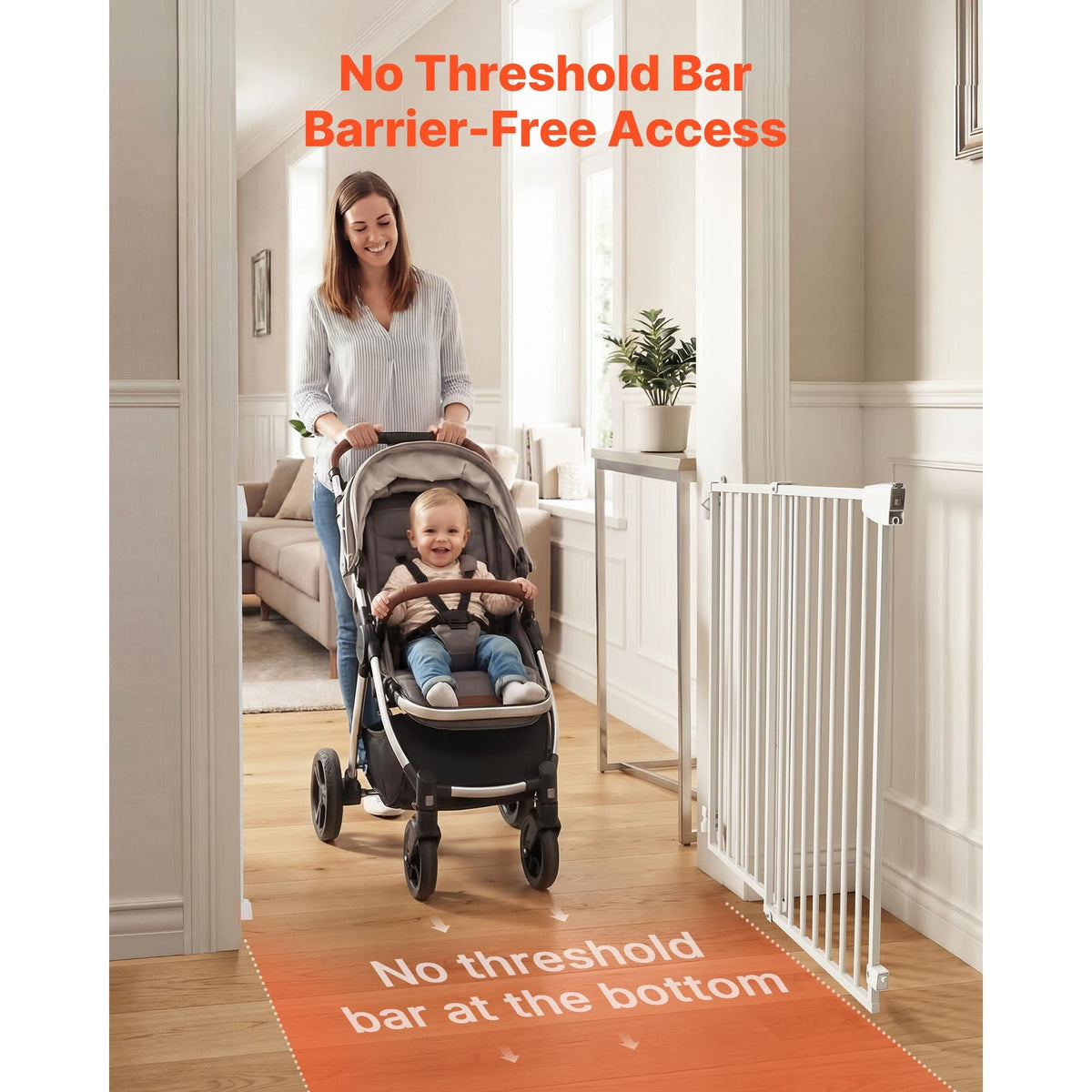Baby Gate for Stairs, 31-48 in Adjustable Width, 30 in High Dog Gate, No Bottom Bar, One-Handed Operation, Easy Drilling Installation with Hardware Kit, for Stairs, Doorways, and House, White