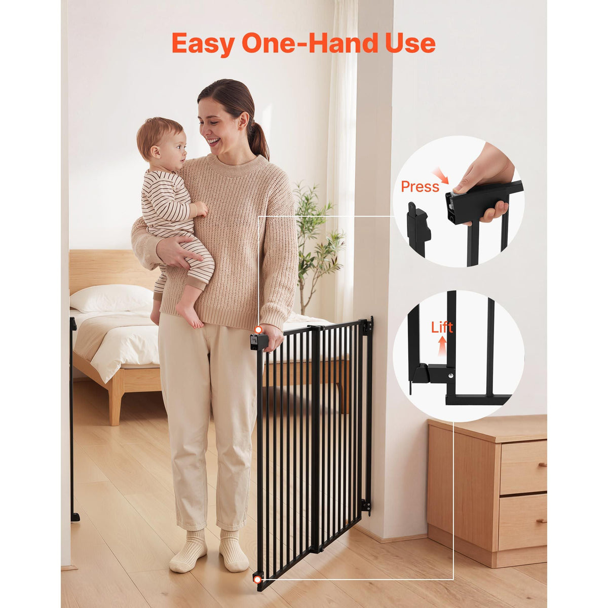 Baby Gate for Stairs, 31-48 in Adjustable Width, 36 in High Dog Gate, No Bottom Bar, One-Handed Operation, Easy Drilling Installation with Hardware Kit, for Stairs, Doorways, and House, Black