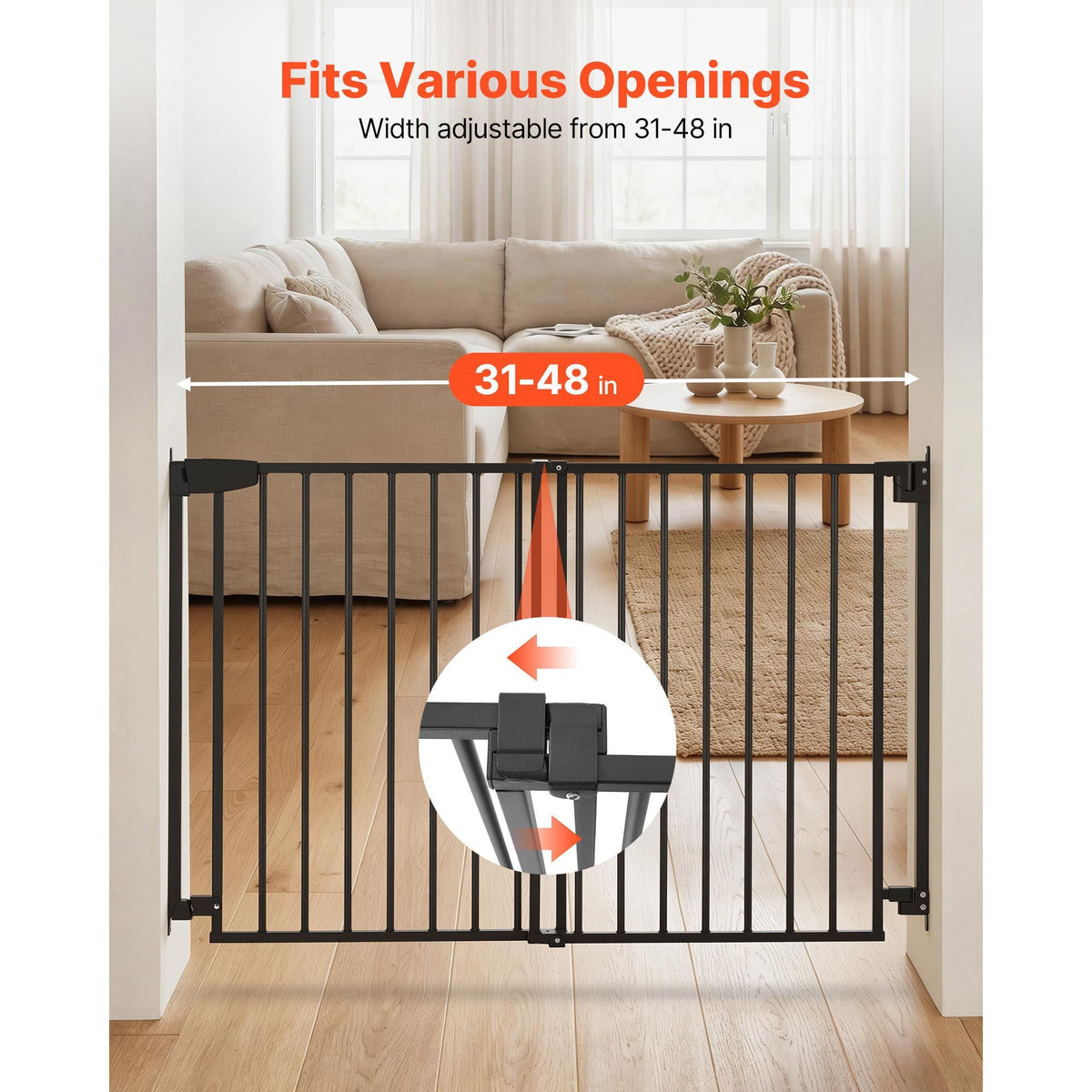 Baby Gate for Stairs, 31-48 in Adjustable Width, 36 in High Dog Gate, No Bottom Bar, One-Handed Operation, Easy Drilling Installation with Hardware Kit, for Stairs, Doorways, and House, Black
