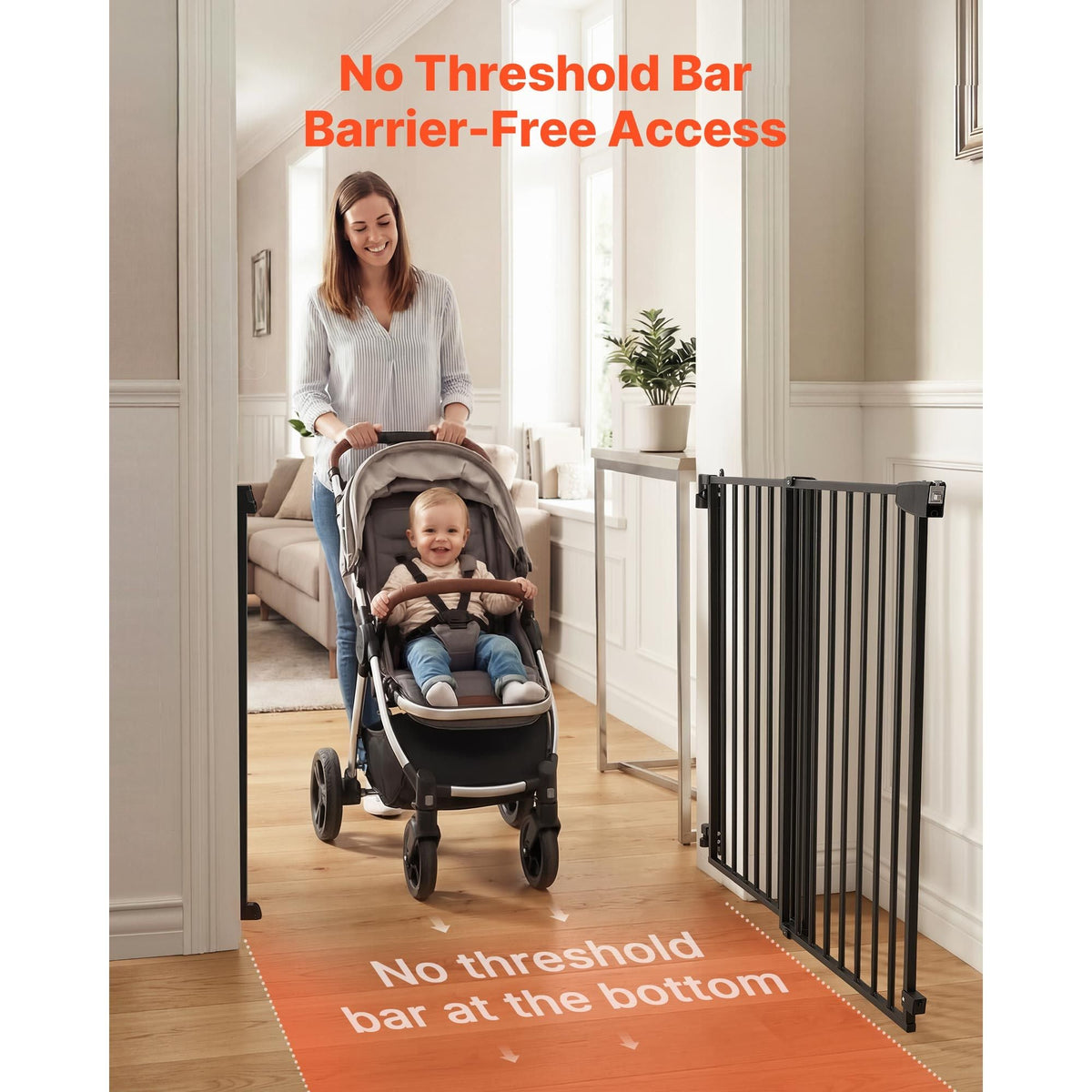 Baby Gate for Stairs, 31-48 in Adjustable Width, 36 in High Dog Gate, No Bottom Bar, One-Handed Operation, Easy Drilling Installation with Hardware Kit, for Stairs, Doorways, and House, Black