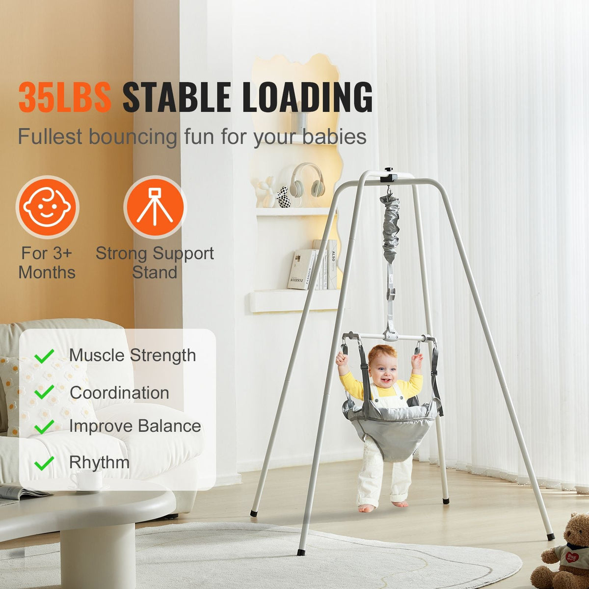 Baby Jumper with Stand, Height-Adjustable Baby Jumpers and Bouncers, 35LBS Loading Toddler Infant Jumper for 3+ Months, Quick-Folding Indoor/Outdoor Jumper Exerciser Gift for Babies
