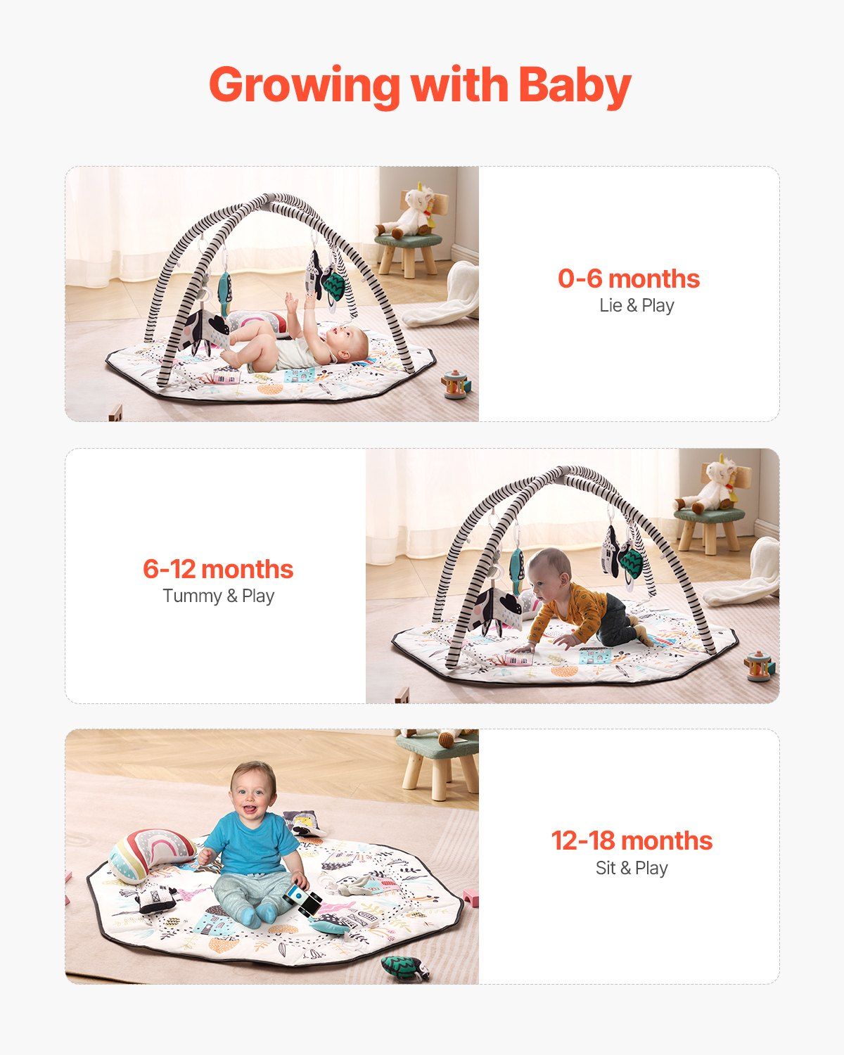 Baby Play Gym Mat Tummy Time Activity Mat with 6 Sensory Toys 41.7" x 41.7"