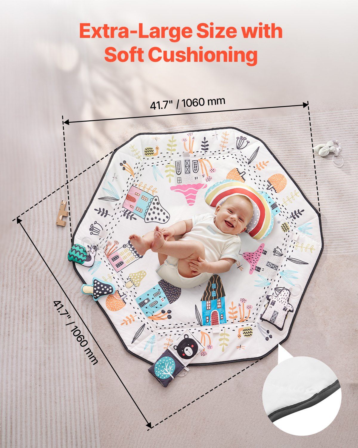 Baby Play Gym Mat Tummy Time Activity Mat with 6 Sensory Toys 41.7" x 41.7"