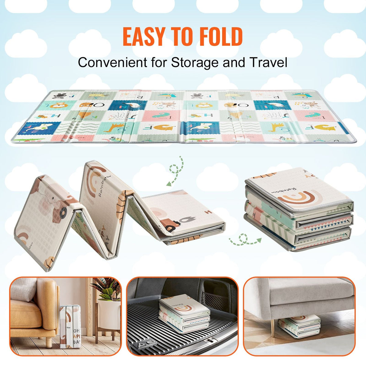 Baby Play Mat, 51"x79" Baby Crawling Mat, Non-Slip One-Piece Foam Baby Playmat, Foldable Portable Reversible Floor Mat with Travel Bag, Waterproof Activity Playmats