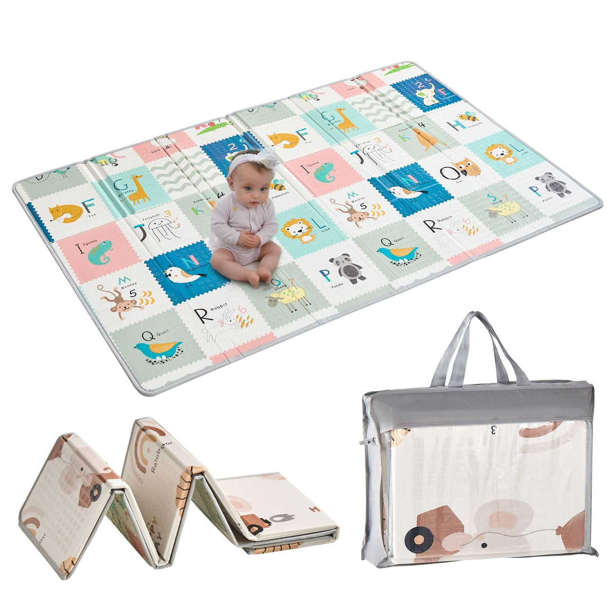 Baby Play Mat, 51"x79" Baby Crawling Mat, Non-Slip One-Piece Foam Baby Playmat, Foldable Portable Reversible Floor Mat with Travel Bag, Waterproof Activity Playmats