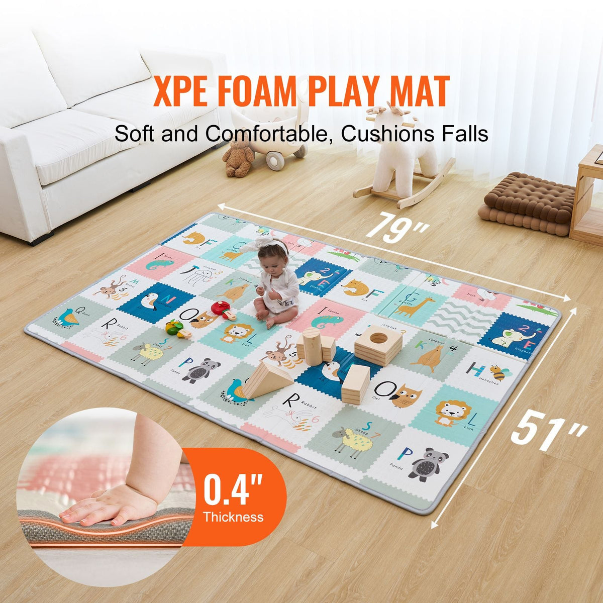 Baby Play Mat, 51"x79" Baby Crawling Mat, Non-Slip One-Piece Foam Baby Playmat, Foldable Portable Reversible Floor Mat with Travel Bag, Waterproof Activity Playmats