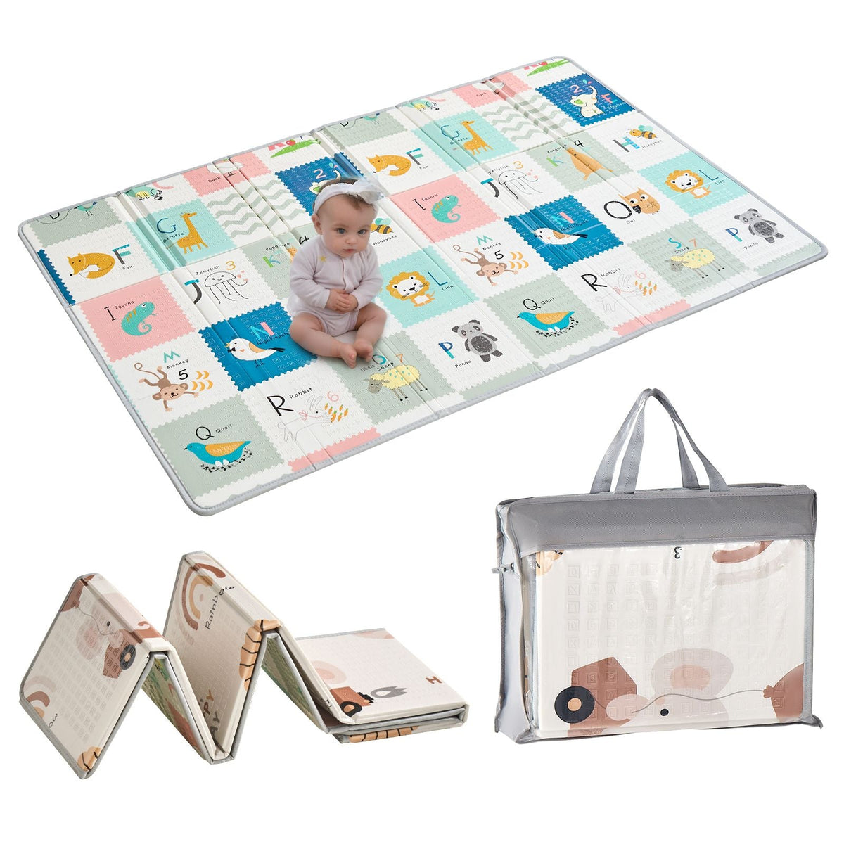 Baby Play Mat, 51"x79" Baby Crawling Mat, Non-Slip One-Piece Foam Baby Playmat, Foldable Portable Reversible Floor Mat with Travel Bag, Waterproof Activity Playmats