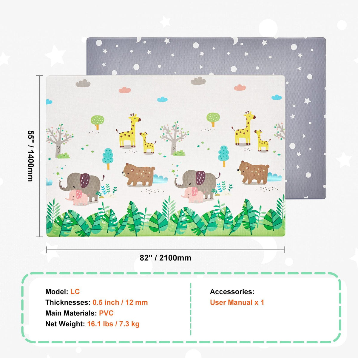 Baby Play Mat, 55"x82" Baby Crawling Mat, Non-Slip One-Piece Soft Cushioned Baby Playmatt, Rollable Reversible Floor Mat, Waterproof Activity Mat