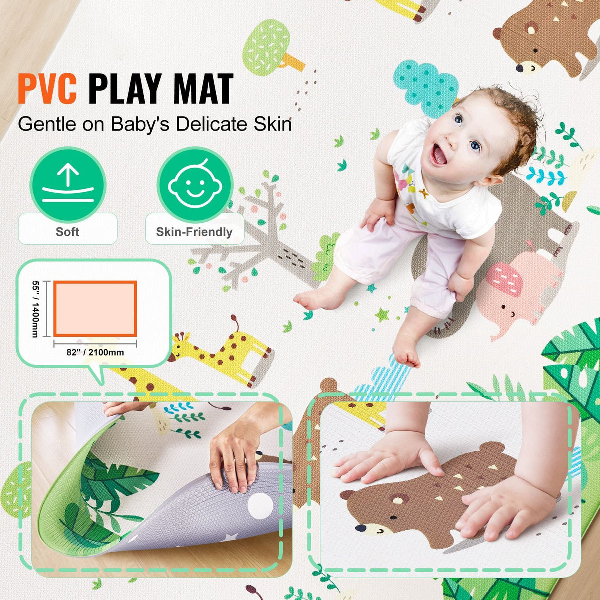 Baby Play Mat, 55"x82" Baby Crawling Mat, Non-Slip One-Piece Soft Cushioned Baby Playmatt, Rollable Reversible Floor Mat, Waterproof Activity Mat