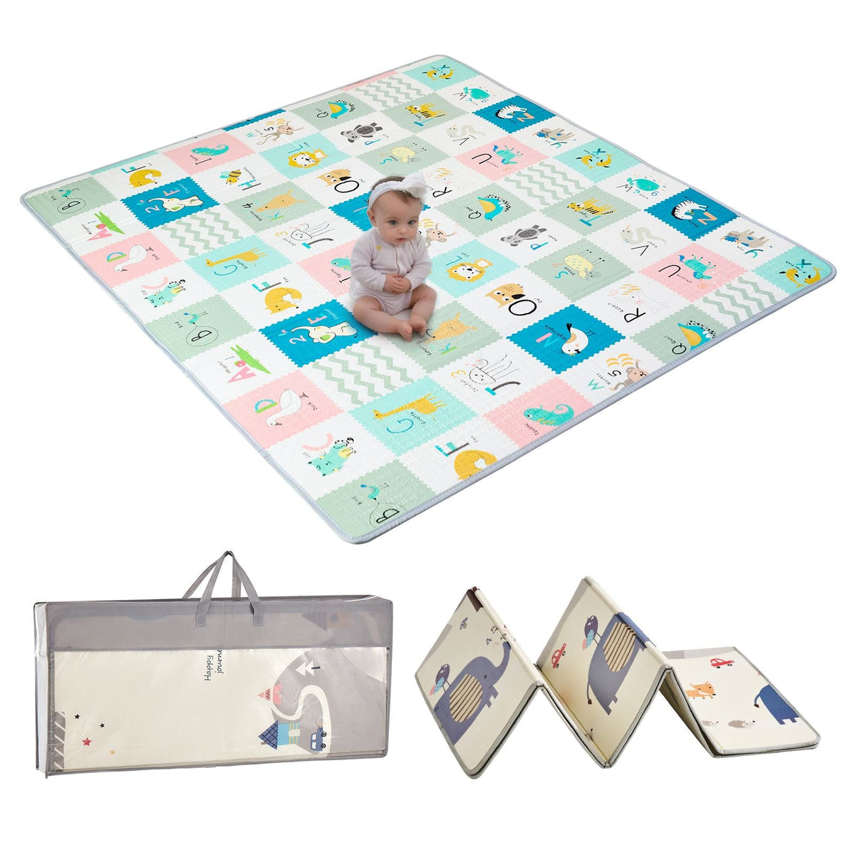 Baby Play Mat, 71"x79" Extra Large Baby Crawling Mat, Non-Slip One-Piece Foam Baby Playmat, Foldable Reversible Floor Mat with Travel Bag, Waterproof Activity Playmat for Babies Toddlers Infants