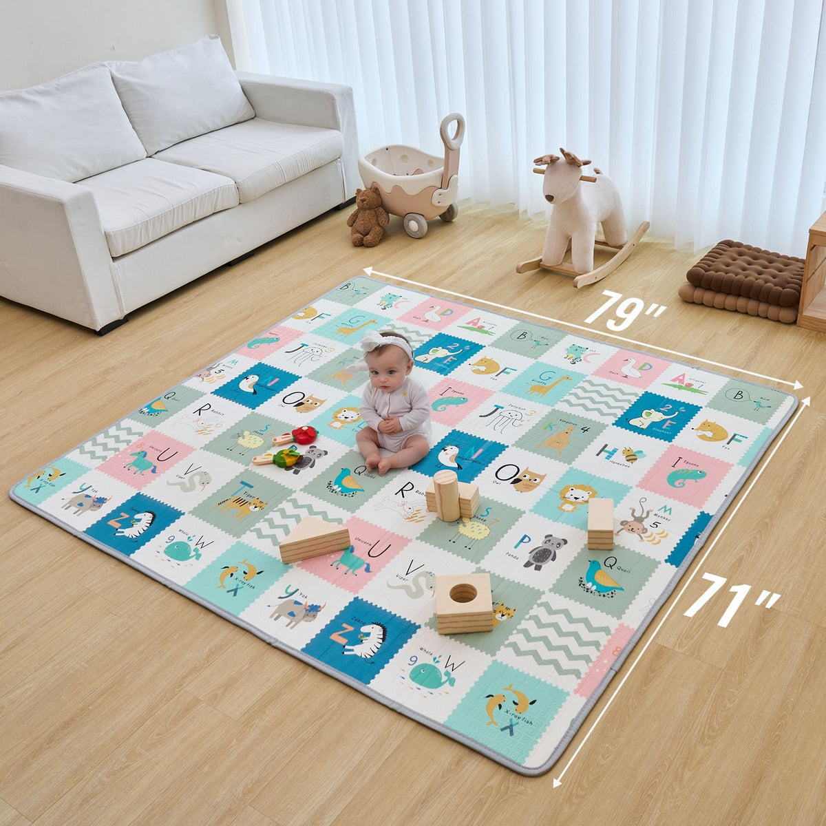 Baby Play Mat, 71"x79" Extra Large Baby Crawling Mat, Non-Slip One-Piece Foam Baby Playmat, Foldable Reversible Floor Mat with Travel Bag, Waterproof Activity Playmat for Babies Toddlers Infants