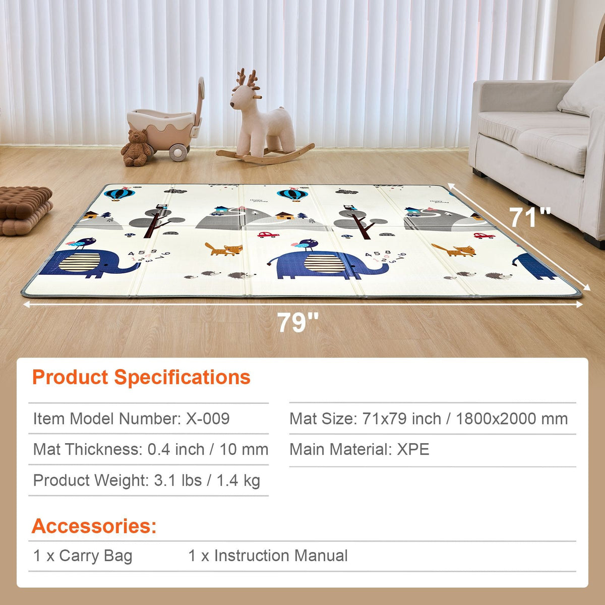 Baby Play Mat, 71"x79" Extra Large Baby Crawling Mat, Non-Slip One-Piece Foam Baby Playmat, Foldable Reversible Floor Mat with Travel Bag, Waterproof Activity Playmat for Babies Toddlers Infants