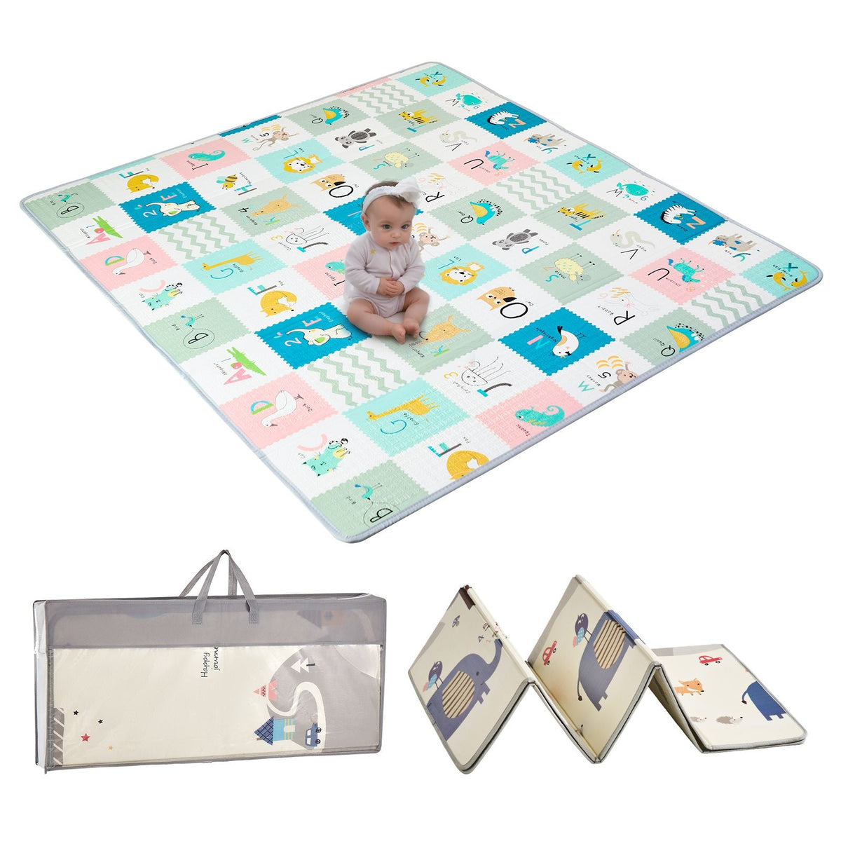 Baby Play Mat, 71"x79" Extra Large Baby Crawling Mat, Non-Slip One-Piece Foam Baby Playmat, Foldable Reversible Floor Mat with Travel Bag, Waterproof Activity Playmat for Babies Toddlers Infants