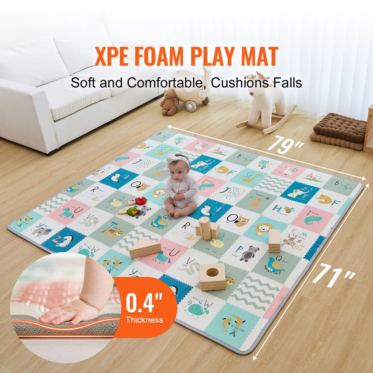 Baby Play Mat, 71"x79" Extra Large Baby Crawling Mat, Non-Slip One-Piece Foam Baby Playmat, Foldable Reversible Floor Mat with Travel Bag, Waterproof Activity Playmat for Babies Toddlers Infants