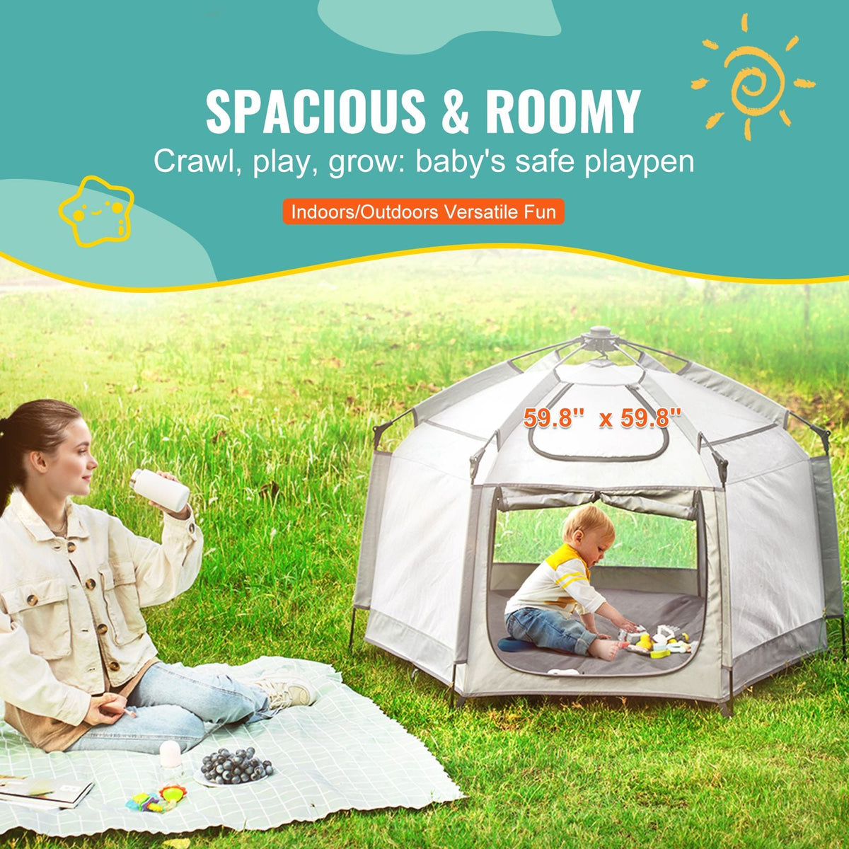 Baby Playpen with Canopy, Indoor/Outdoor Portable Playpen for Babies and Toddler, Lightweight & Foldable, Pop Up Toddler Play Yard with 3 Sun-Shades & Travel Bag for Park Beach Home, 59.8"x59.8"