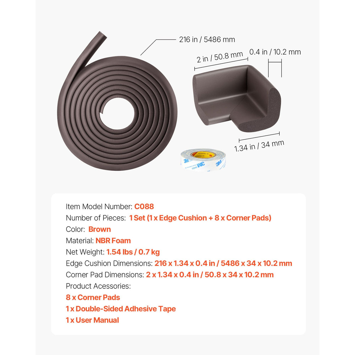 Baby Proofing Edge Corner Protector, 18 ft Edge Cushion, 8 Corner Pads, Soft NBR Foam, 3M Adhesive, Child Proof Table Safety Bumper Guards, Easy Installation, for Furniture Fireplace Protection