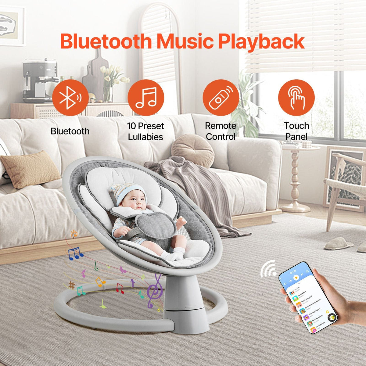 Baby Swing, 5-Speed Baby Rocker Swing, Portable Infant Swing with Remote Control, Touch Panel, Bluetooth Music, 10 Preset Lullabies & 5-Point Safety Harness for 0-9 Month Boys Girls Up to 20lbs