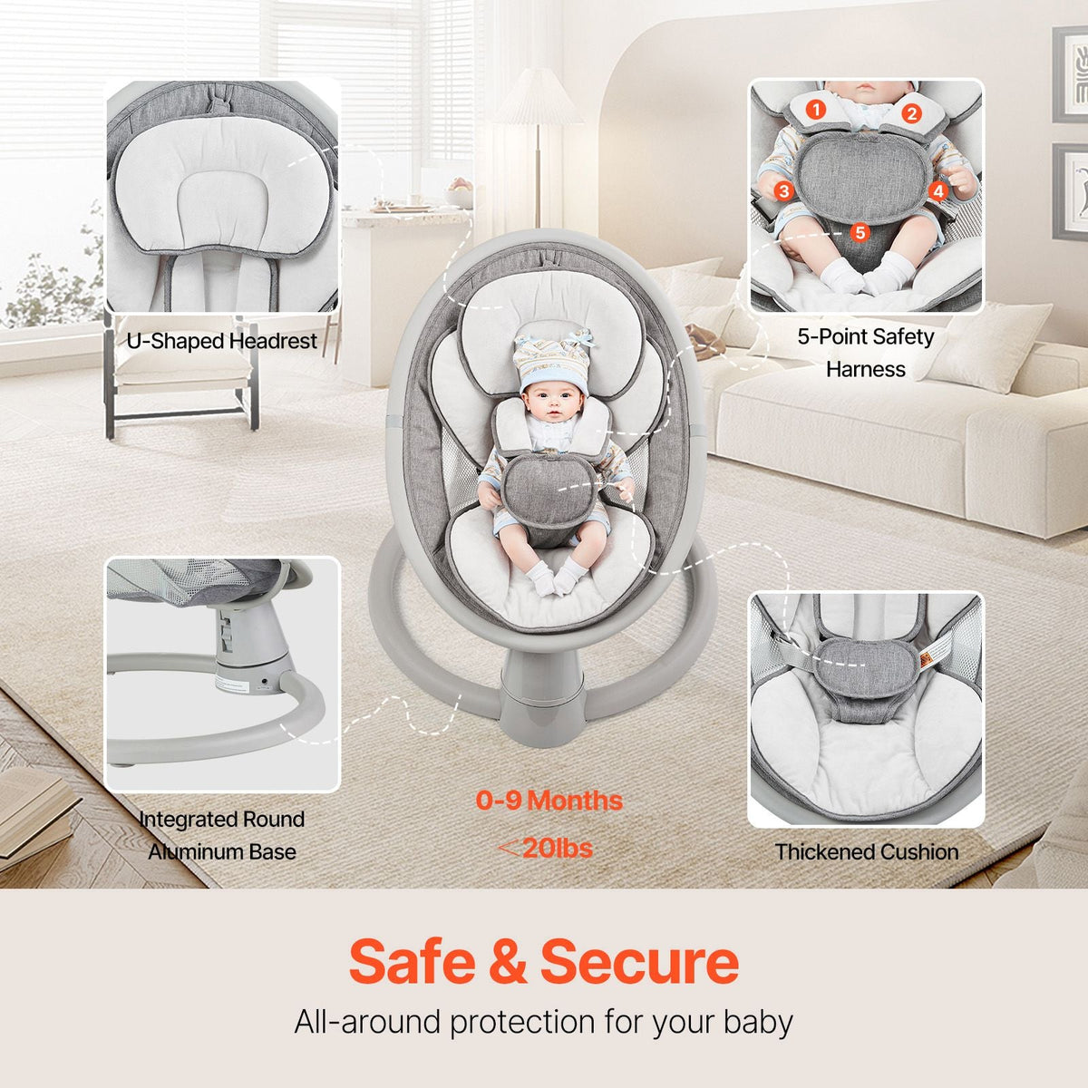Baby Swing, 5-Speed Baby Rocker Swing, Portable Infant Swing with Remote Control, Touch Panel, Bluetooth Music, 10 Preset Lullabies & 5-Point Safety Harness for 0-9 Month Boys Girls Up to 20lbs
