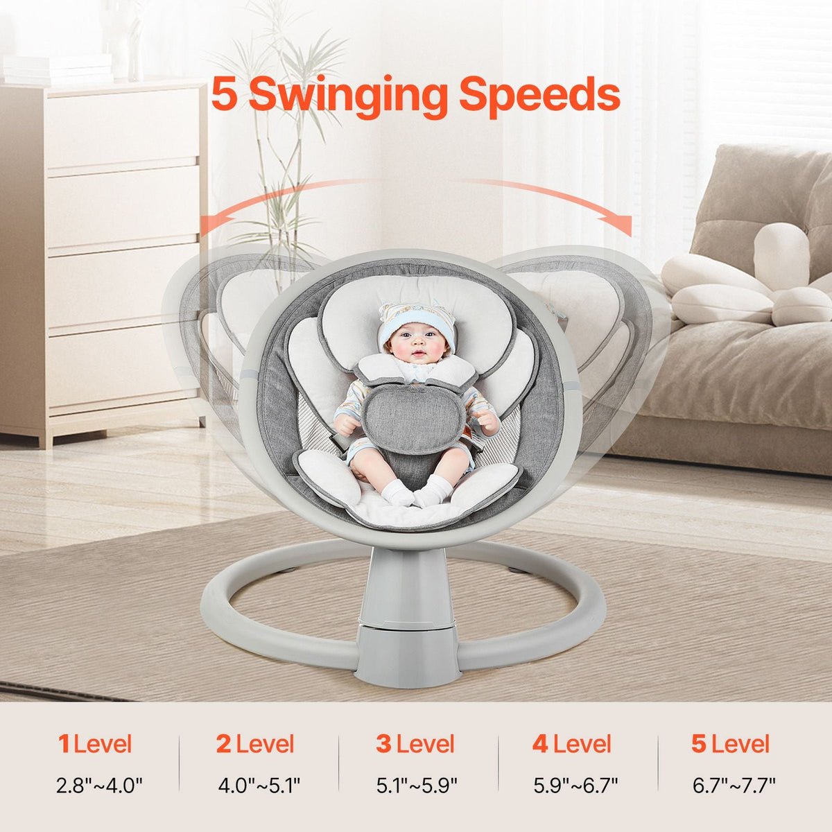 Baby Swing, 5-Speed Baby Rocker Swing, Portable Infant Swing with Remote Control, Touch Panel, Bluetooth Music, 10 Preset Lullabies & 5-Point Safety Harness for 0-9 Month Boys Girls Up to 20lbs
