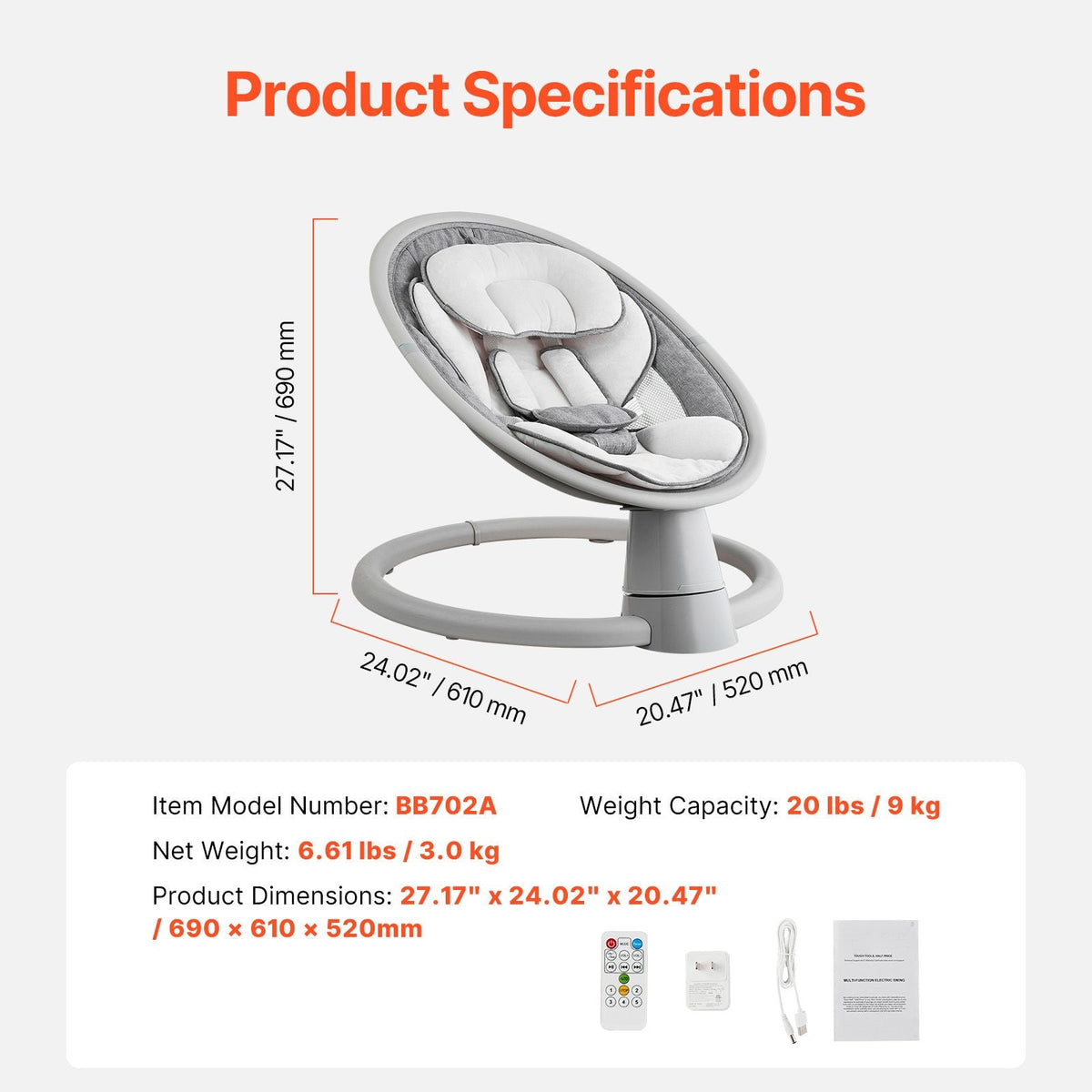 Baby Swing, 5-Speed Baby Rocker Swing, Portable Infant Swing with Remote Control, Touch Panel, Bluetooth Music, 10 Preset Lullabies & 5-Point Safety Harness for 0-9 Month Boys Girls Up to 20lbs