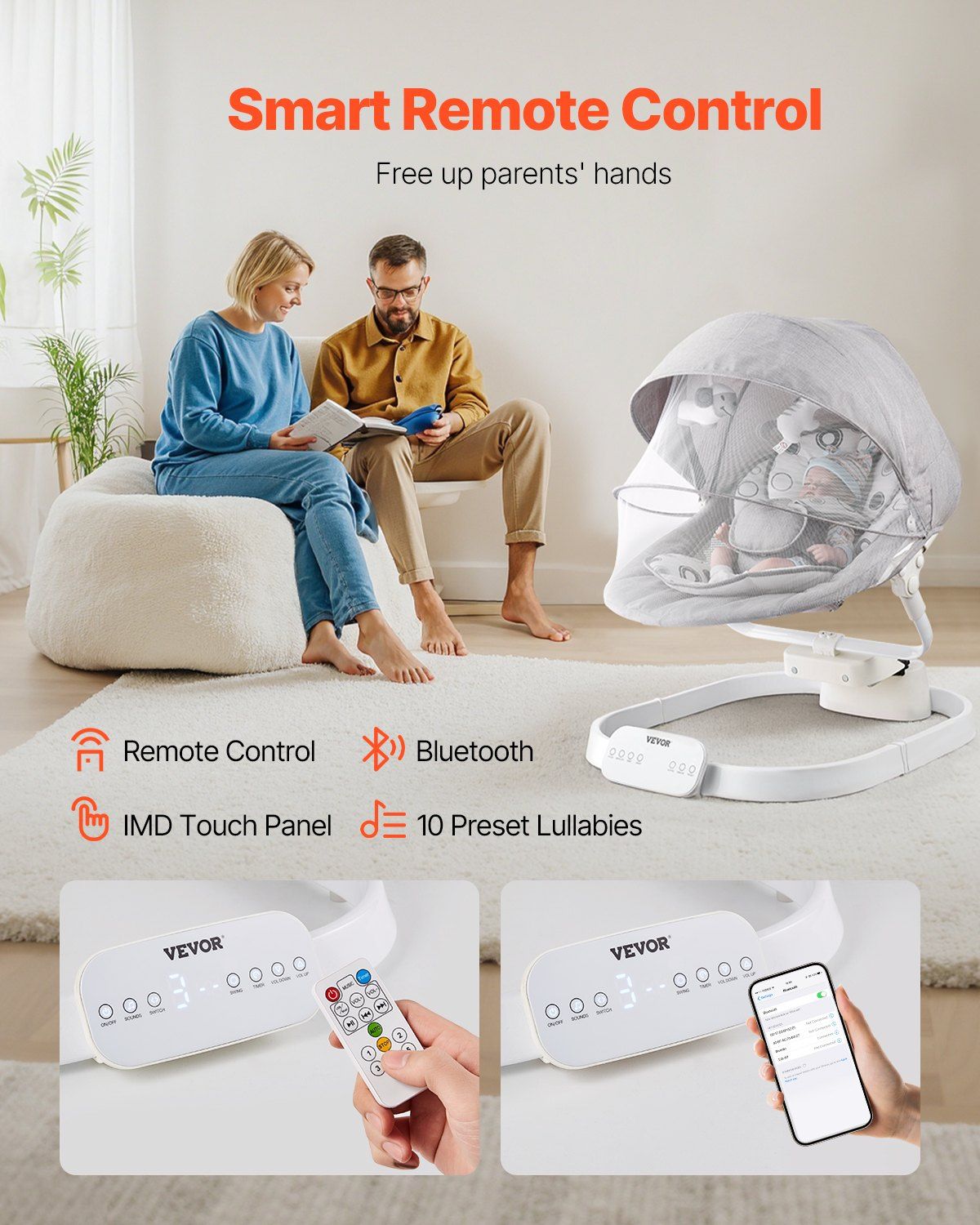 Baby Swing for Infants Rocker 3 Speeds 3 Seat Positions Remote Control Bluetooth