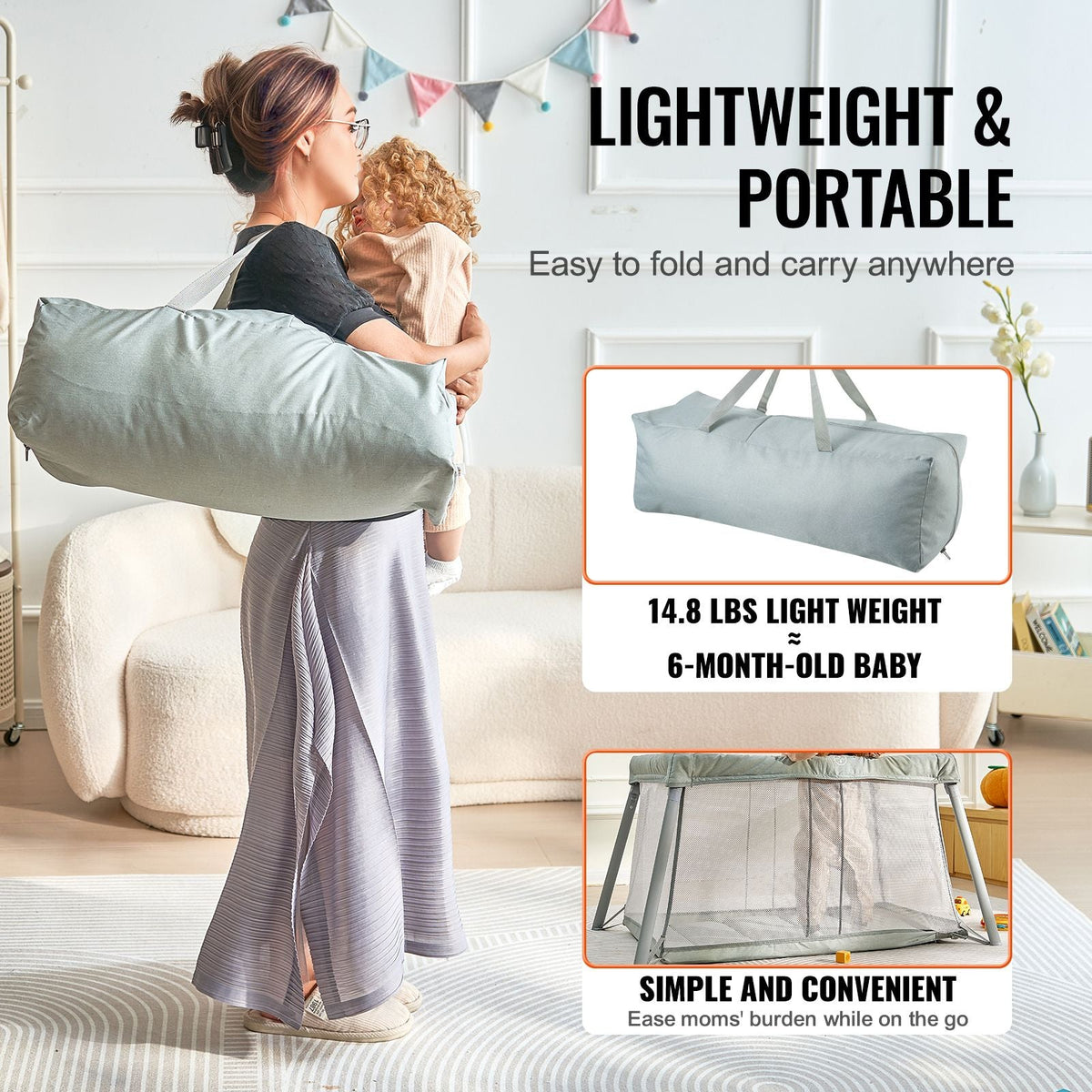 Baby Travel Crib and Play Yard, Folding Baby Playpen with Soft Mattress Pad, Portable Toddlers Crib with Breathable Mesh and Travel Bag, Indoor/Outdoor Kid Activity Center for 0-36 Months Babies
