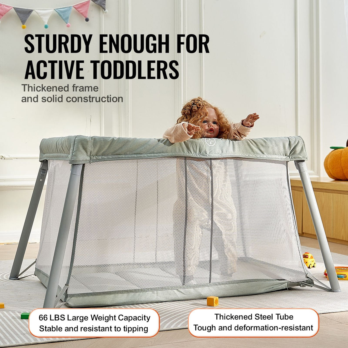 Baby Travel Crib and Play Yard, Folding Baby Playpen with Soft Mattress Pad, Portable Toddlers Crib with Breathable Mesh and Travel Bag, Indoor/Outdoor Kid Activity Center for 0-36 Months Babies