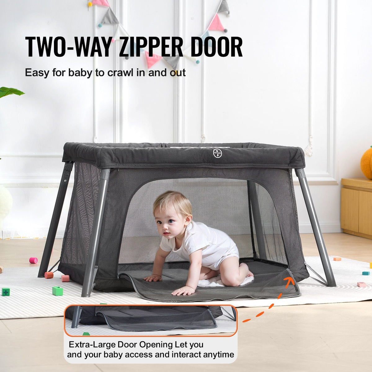 Baby Travel Crib and Play Yard, Folding Baby Playpen with Zipper Gate & Soft Mattress, Portable Toddler Crib with Breathable Mesh, Travel Bag, Indoor/Outdoor Kids Activity Center for 0-36 Months