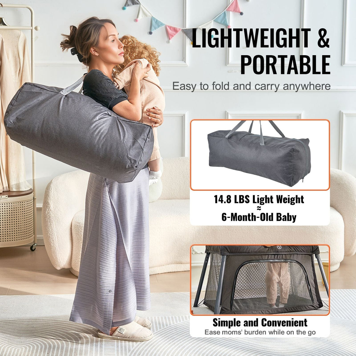 Baby Travel Crib and Play Yard, Folding Baby Playpen with Zipper Gate & Soft Mattress, Portable Toddler Crib with Breathable Mesh, Travel Bag, Indoor/Outdoor Kids Activity Center for 0-36 Months